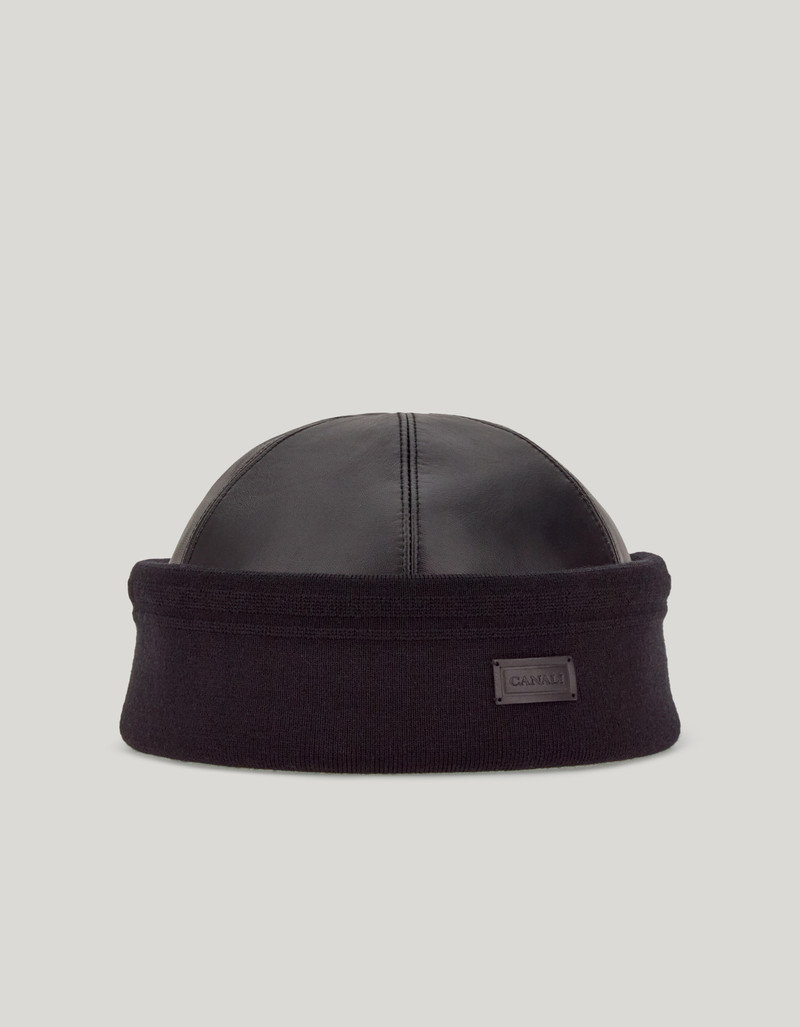 BLACK LEATHER BEANIE WITH KNIT BAND AND LOGO TAG 1