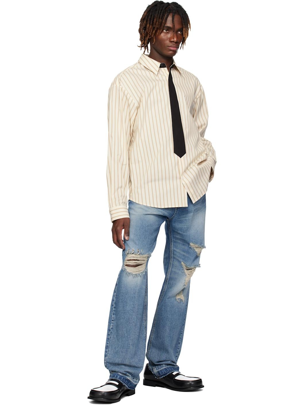 Beige Necktie Striped Shirt - 4