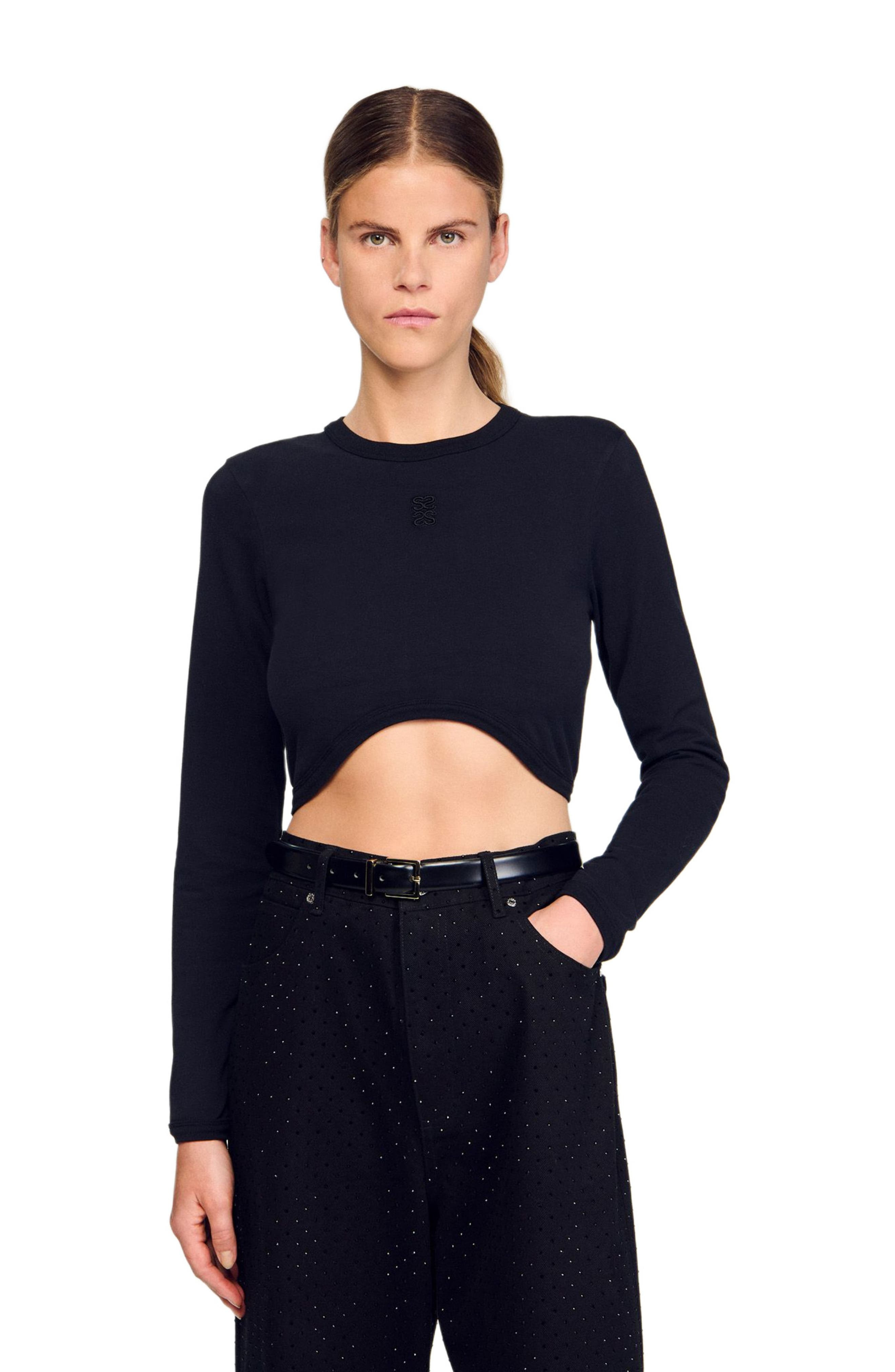 SANDRO Cropped embroidered T-shirt in Black at Nordstrom - 3