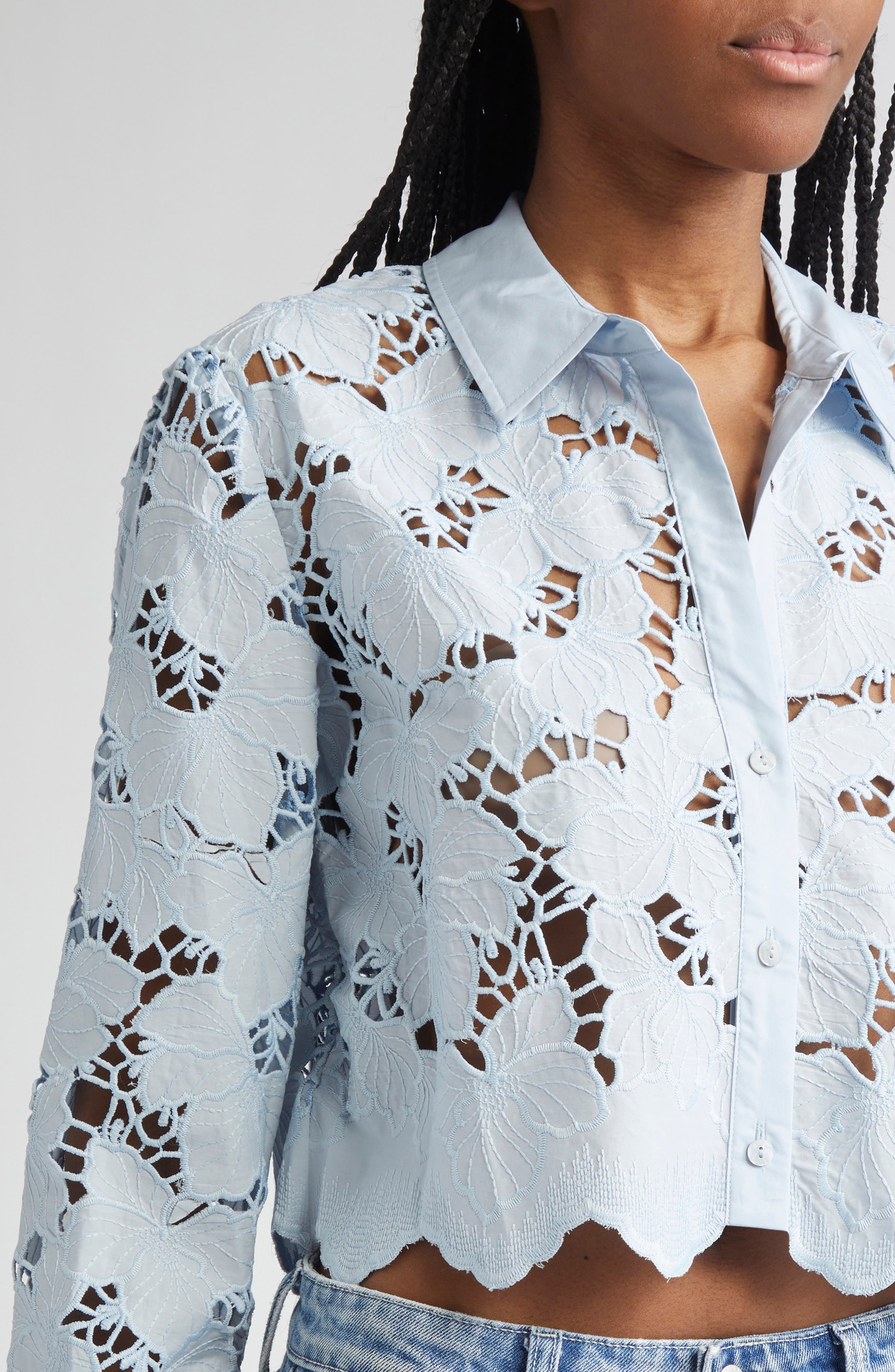 L'AGENCE Seychelle Cutwork Crop Shirt in Blue Fog at Nordstrom - 4