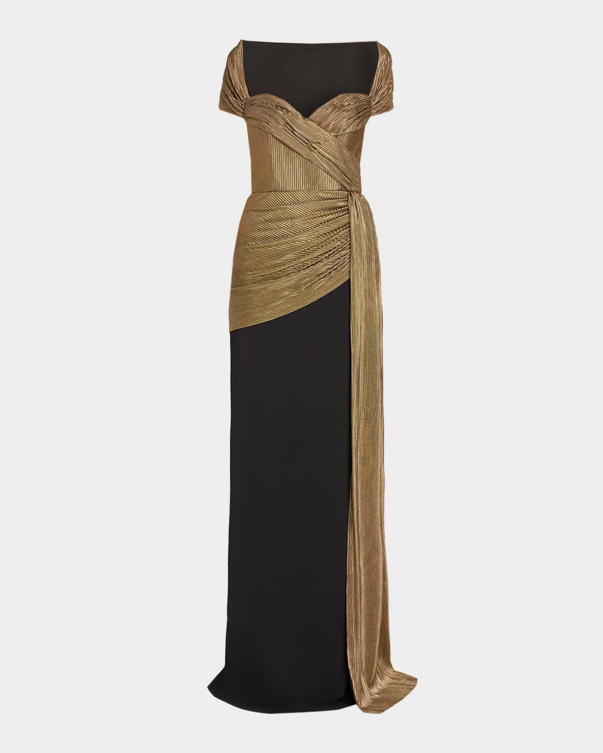Draped Sweetheart Metallic Lame Column Gown - 1