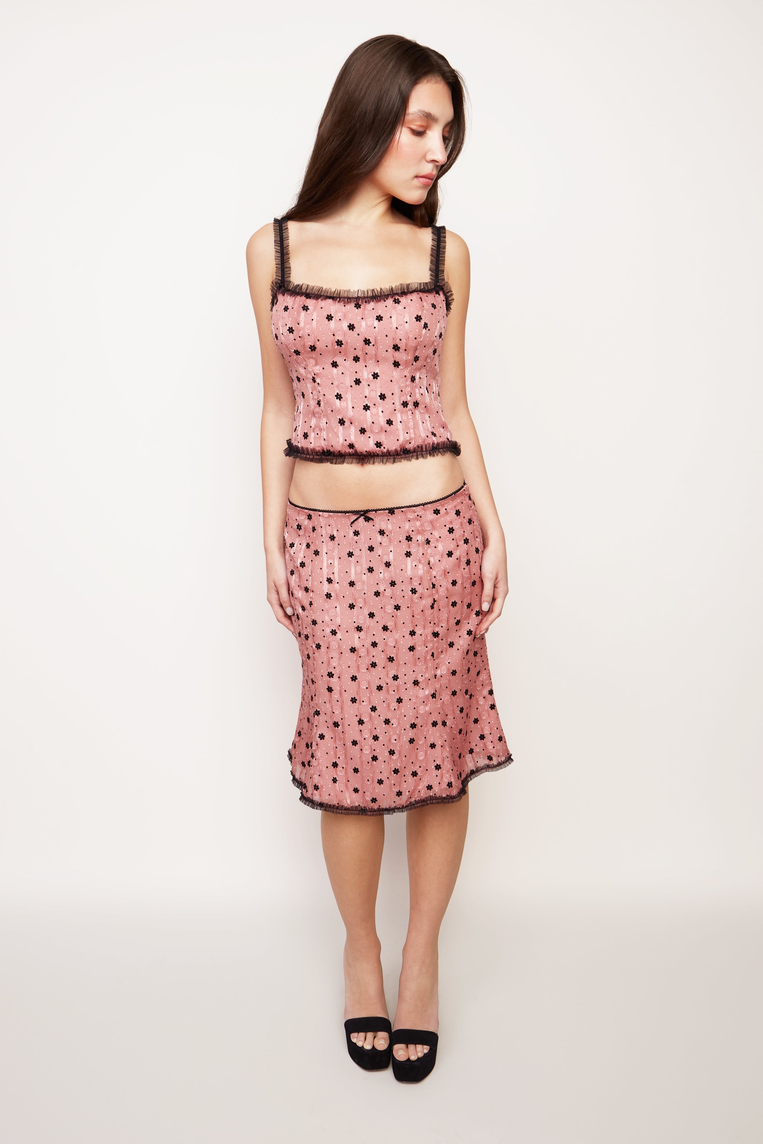 VELVET FLORAL LACE LOW RISE MIDI SKIRT - 2