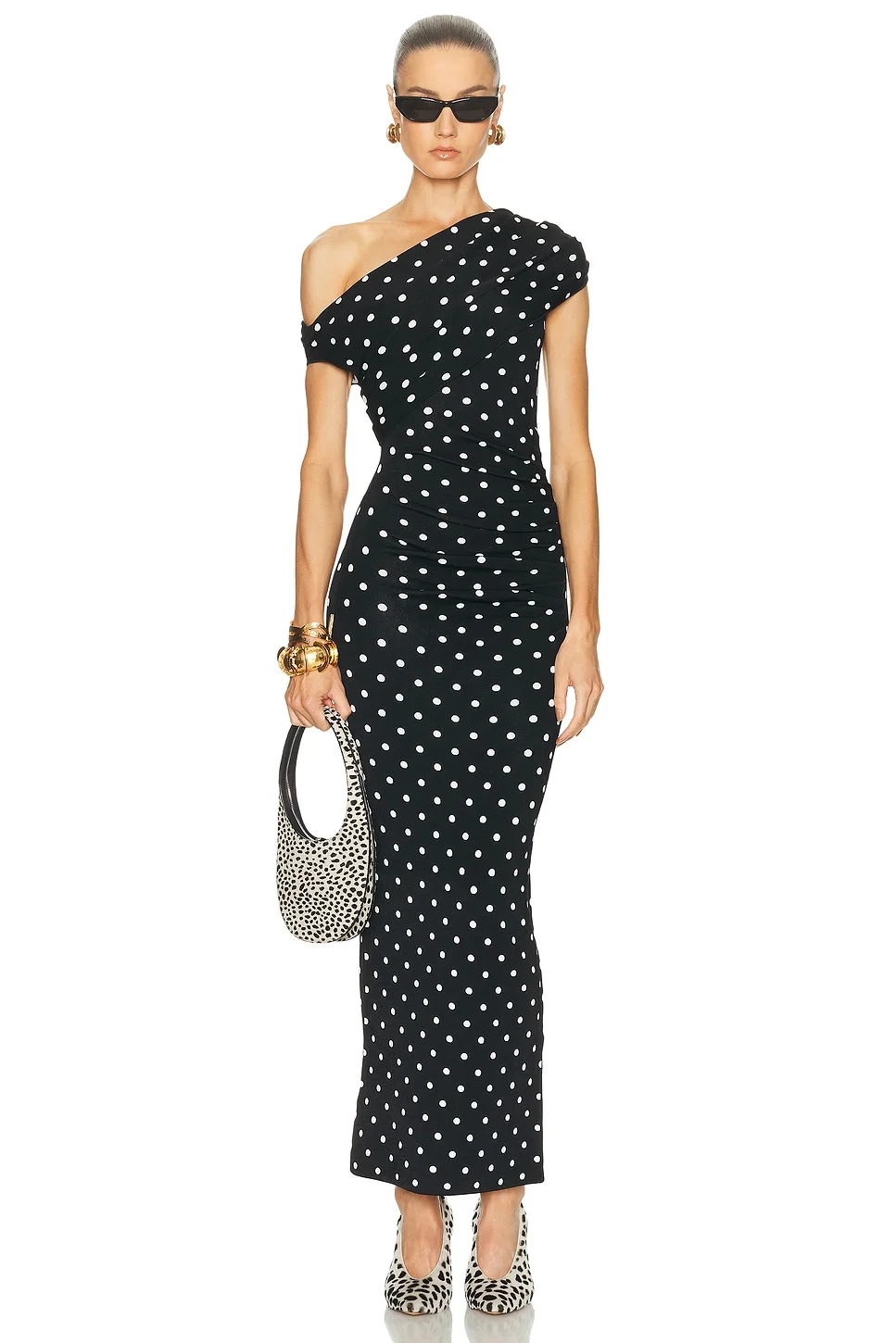 Polka Dot Draped Midi Dress - 1