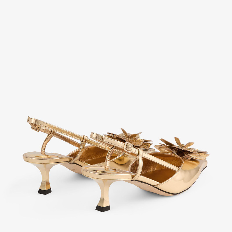 JIMMY CHOO Mimmi  Sling Back 50
Gold Liquid Metal Leather Slingbacks with Jimmy Choo Perforated Corsage outlook