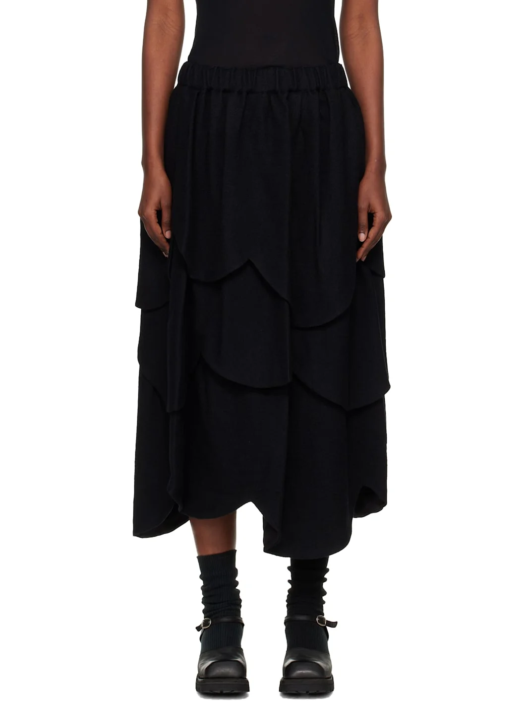 Black Tiered Flower Midi Skirt - 1