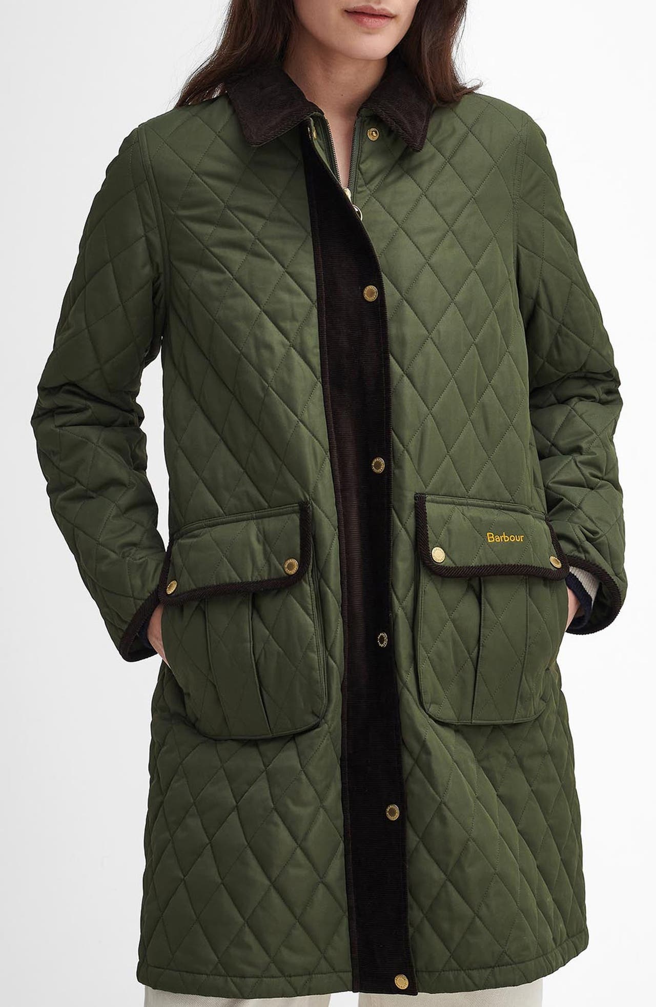 Barbour Tulip Corduroy Trim Quilted Coat in Olive at Nordstrom - 1