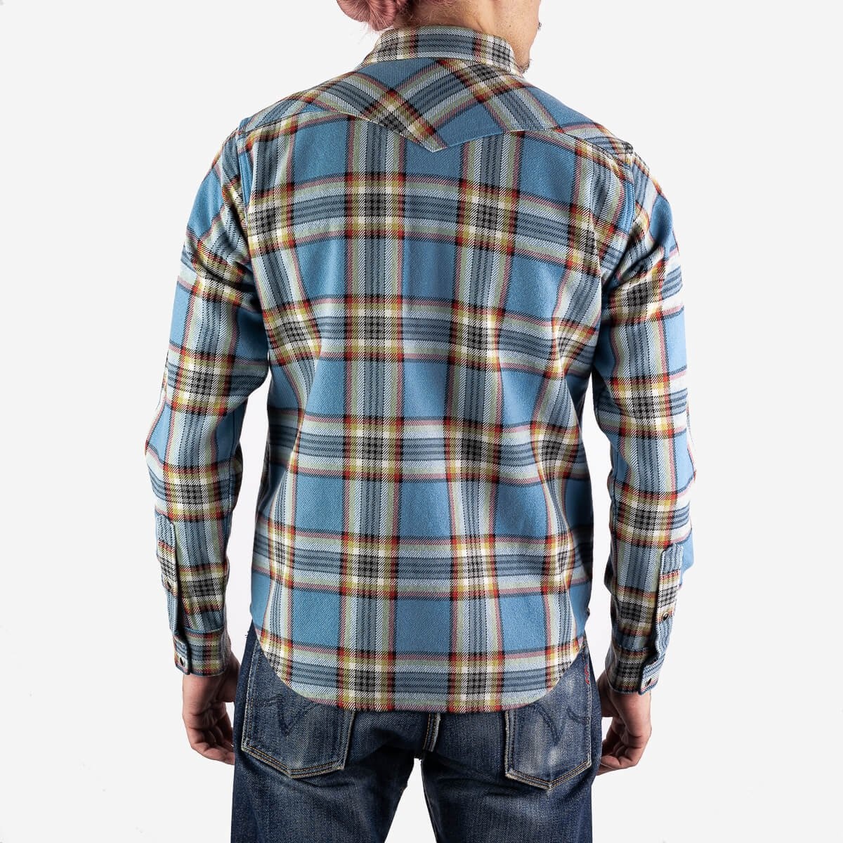 IHSH-332-SAX Ultra Heavy Flannel Anniversary Check Western Shirt - Sax Blue Overdyed Pale Grey - 3