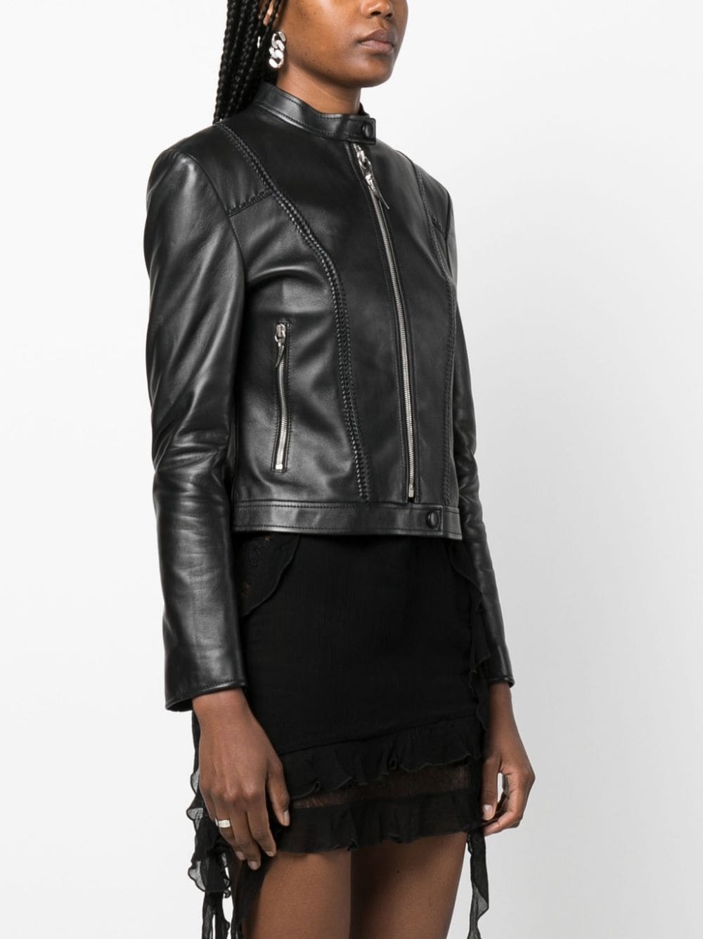 band collar leather jacket - 3