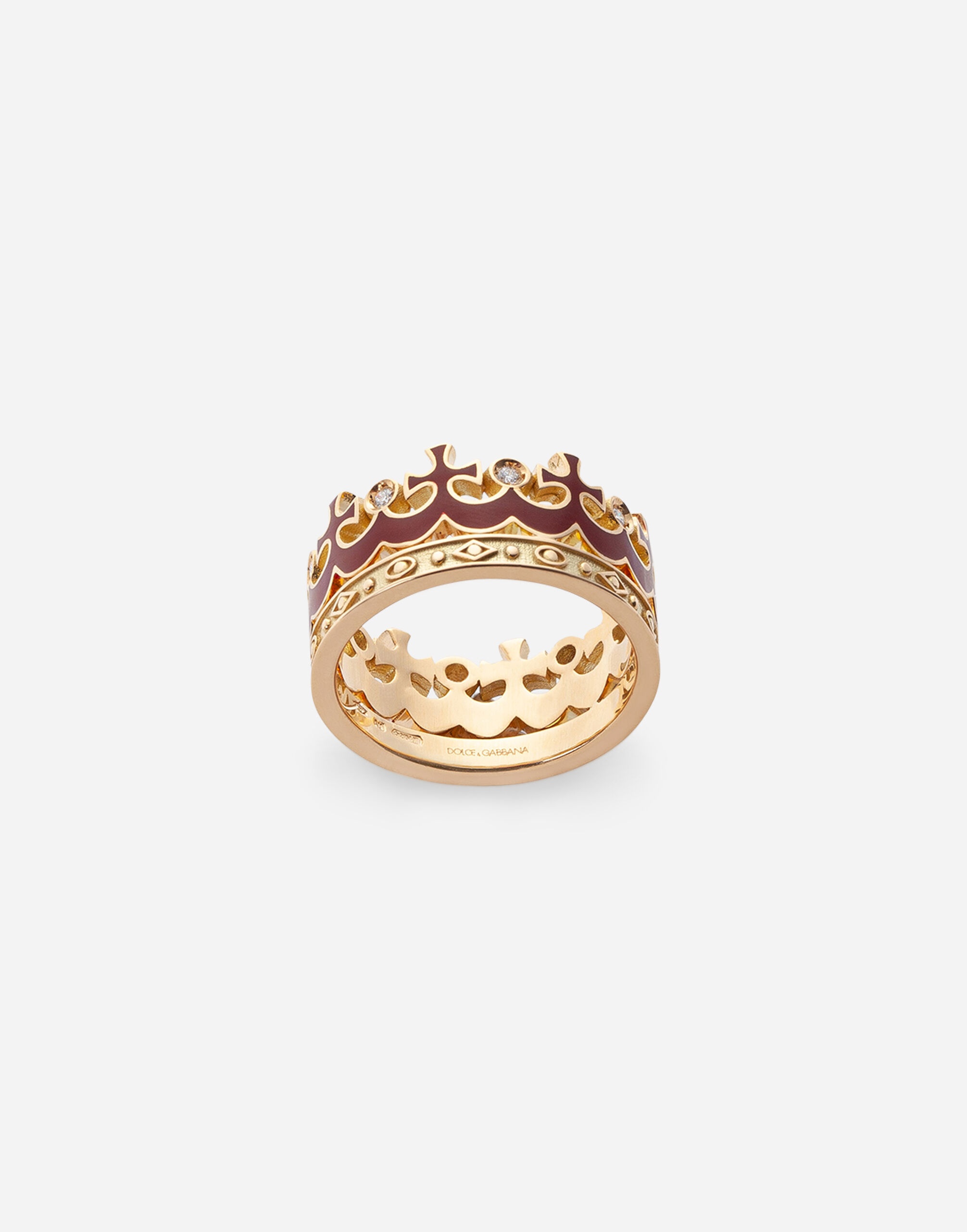 Crown yellow gold ring with burgundy enamel crown and diamonds - 1