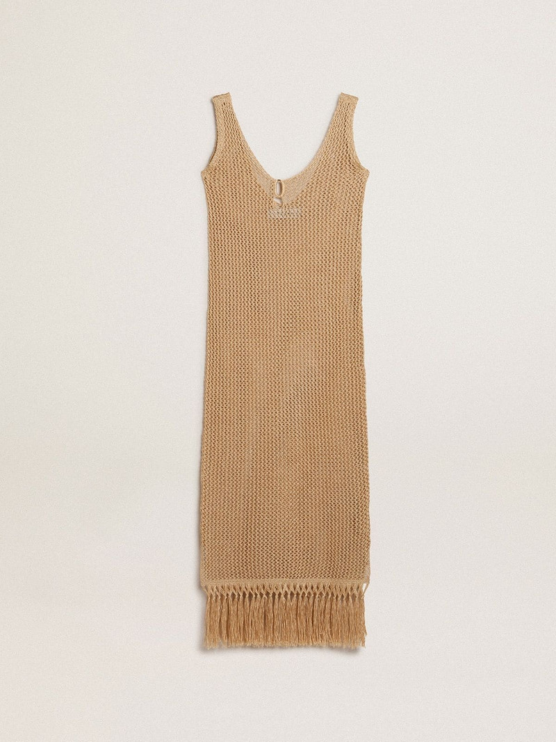 Women's sleeveless midi dress in beige crochet with fringes 1