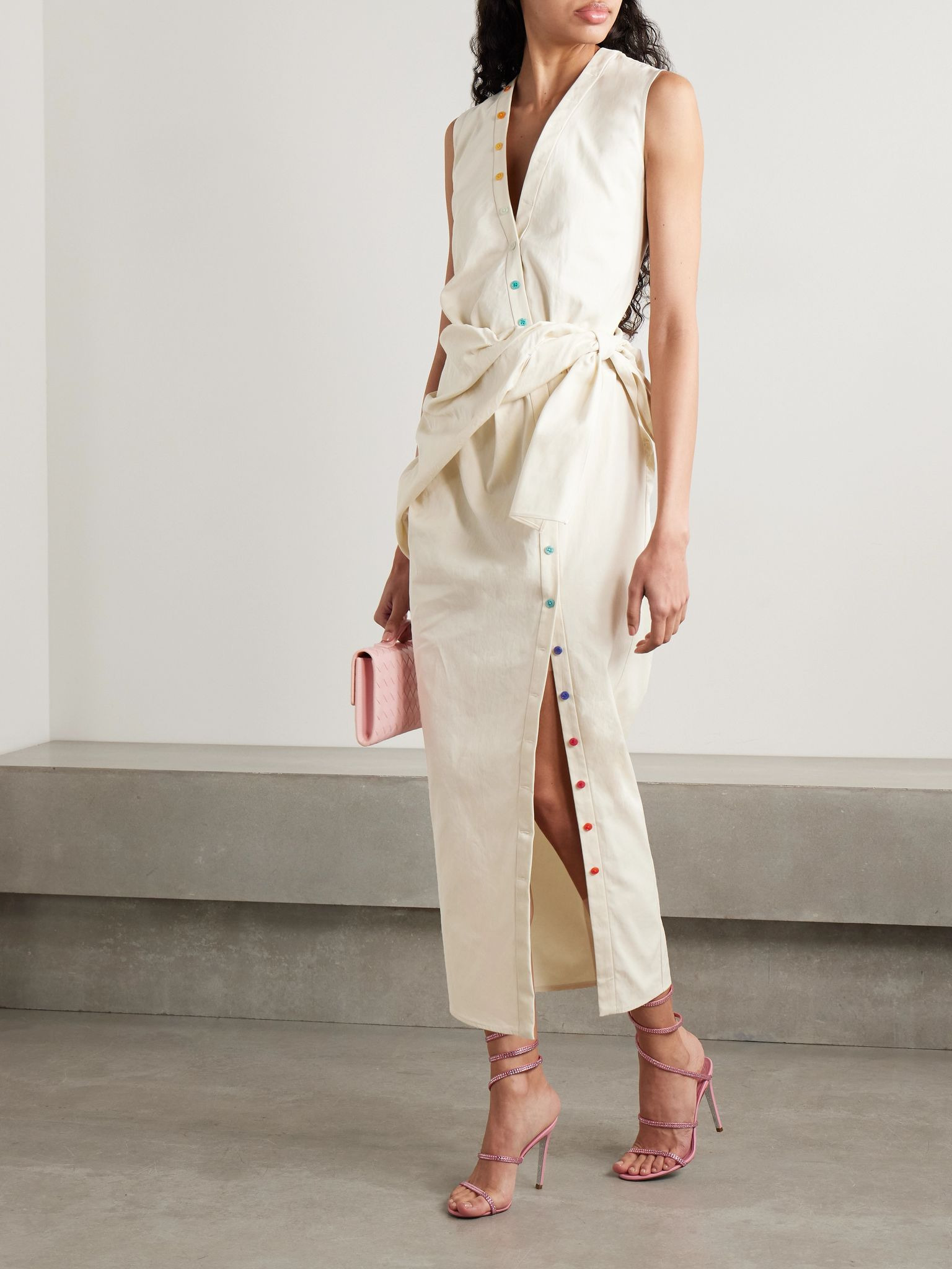 Tie-front button-embellished washed cotton-twill midi shirt dress Off-white - 2