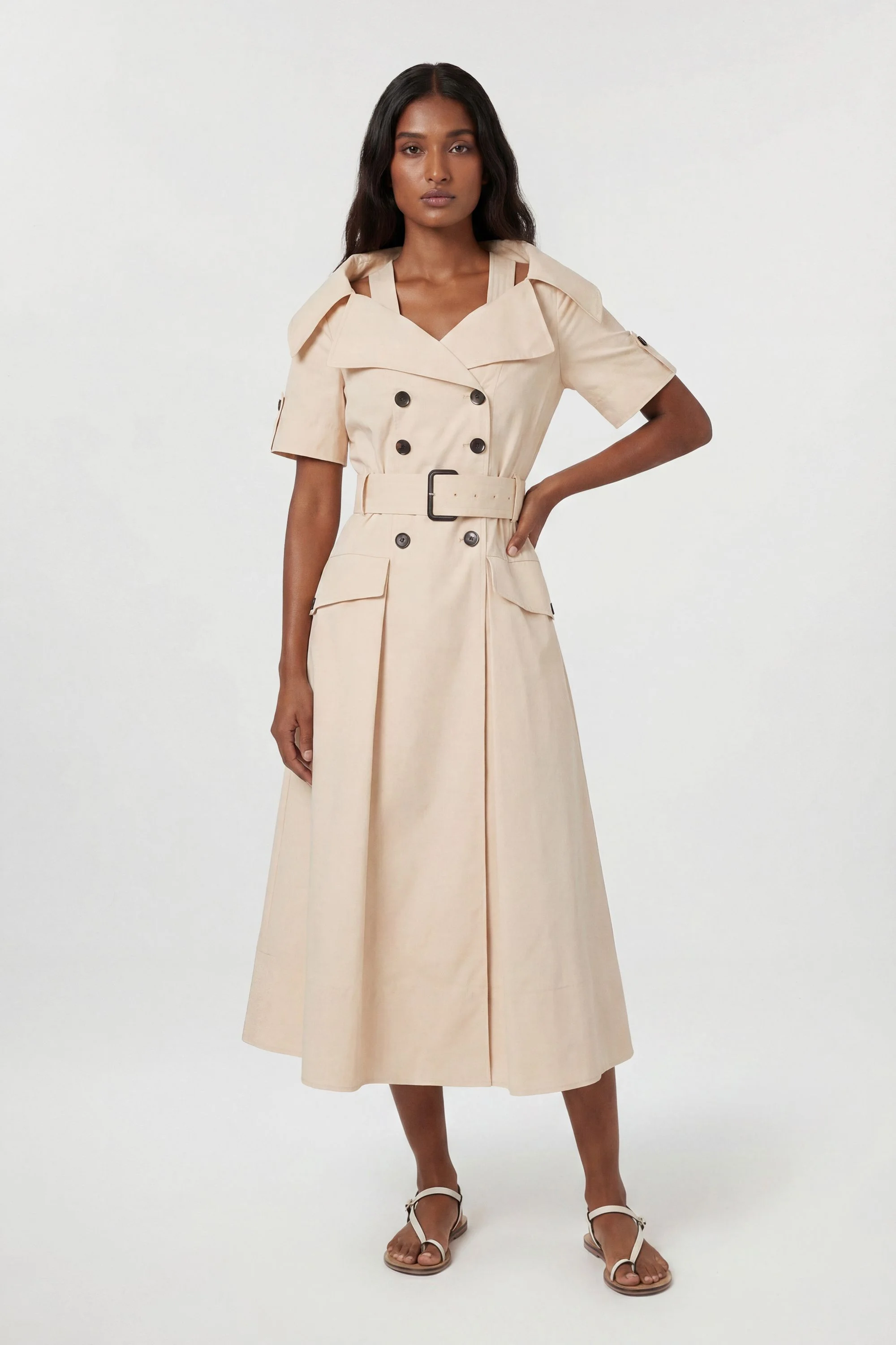 Tailored Cotton Trench Belted Full Skirted Midi Dress - 1