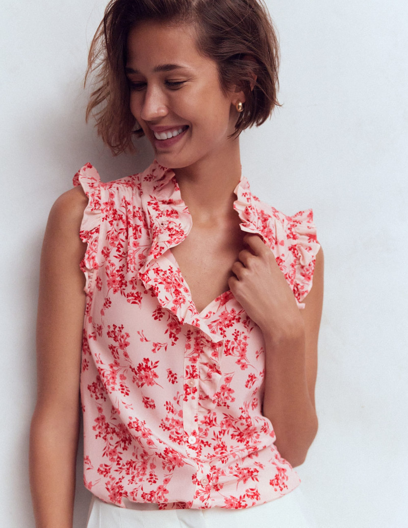 Isabel Sleeveless Silk Top-Pink, Bloom Scatter Mono 7