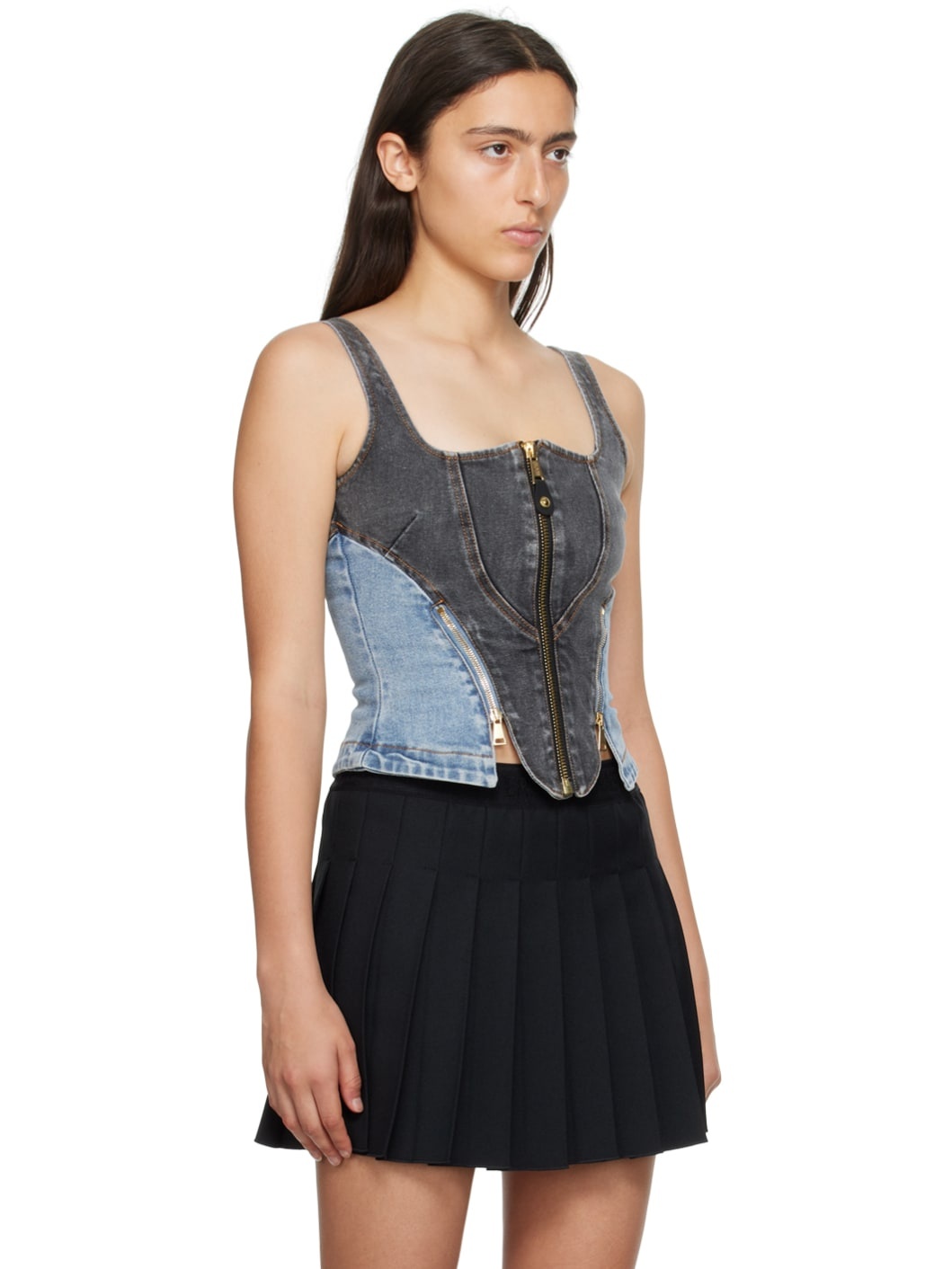 Black Paneled Denim Tank Top - 2