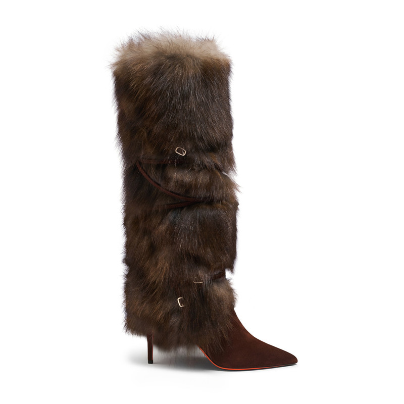 Women's dark brown leather and fox high-heel boot 1