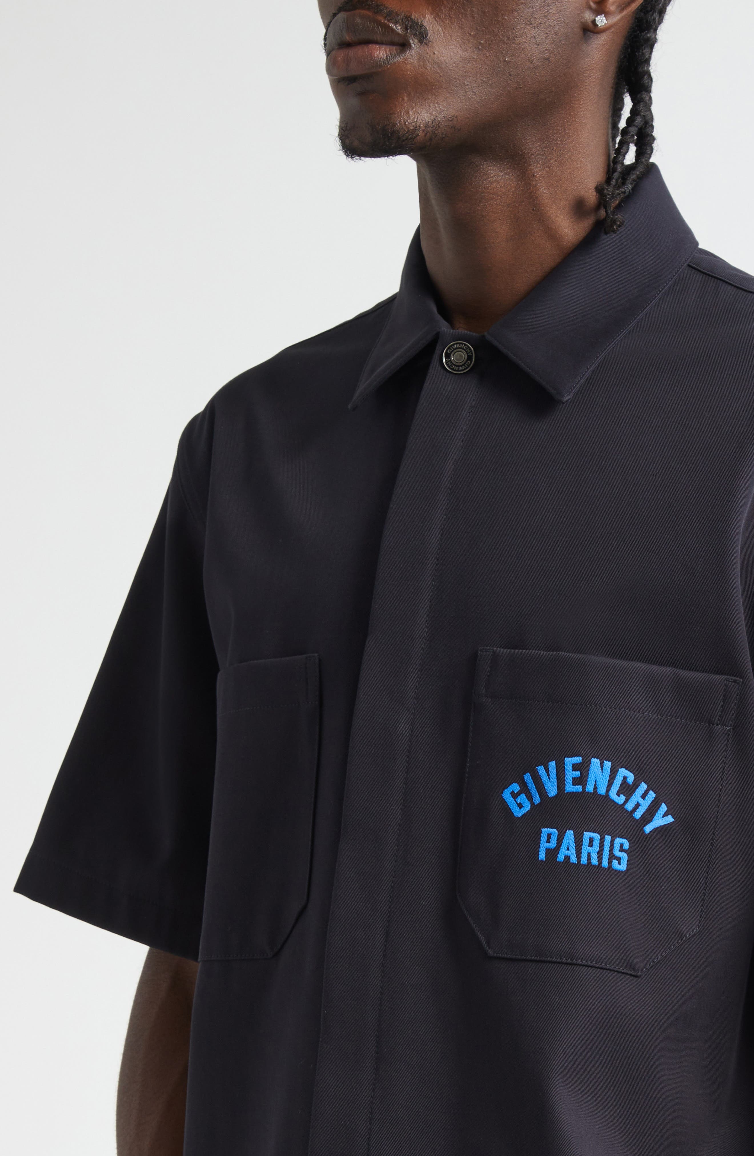 Givenchy Logo Embroidered Short Sleeve Button-Up Shirt in Dark Blue at Nordstrom - 5