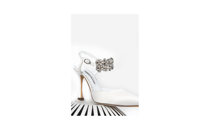 Cream Satin Embellished Ankle Strap Pumps 5