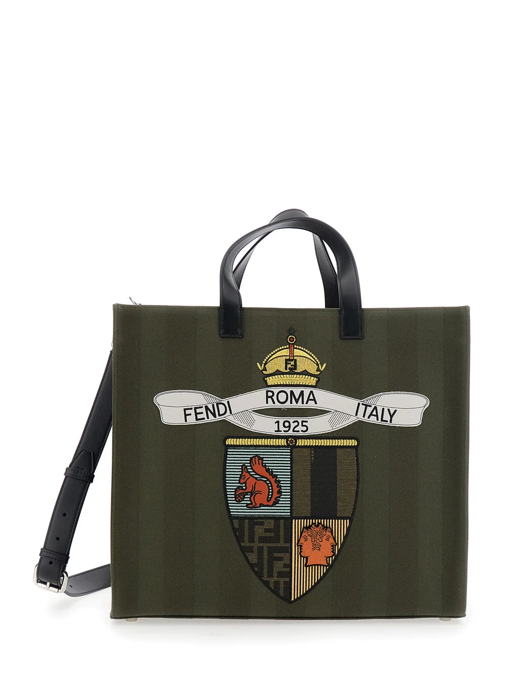 Fendi Men Green Shopper With Vertical Stripes Motif And Fendi Club Patch On The Front In Canvas Man - 1
