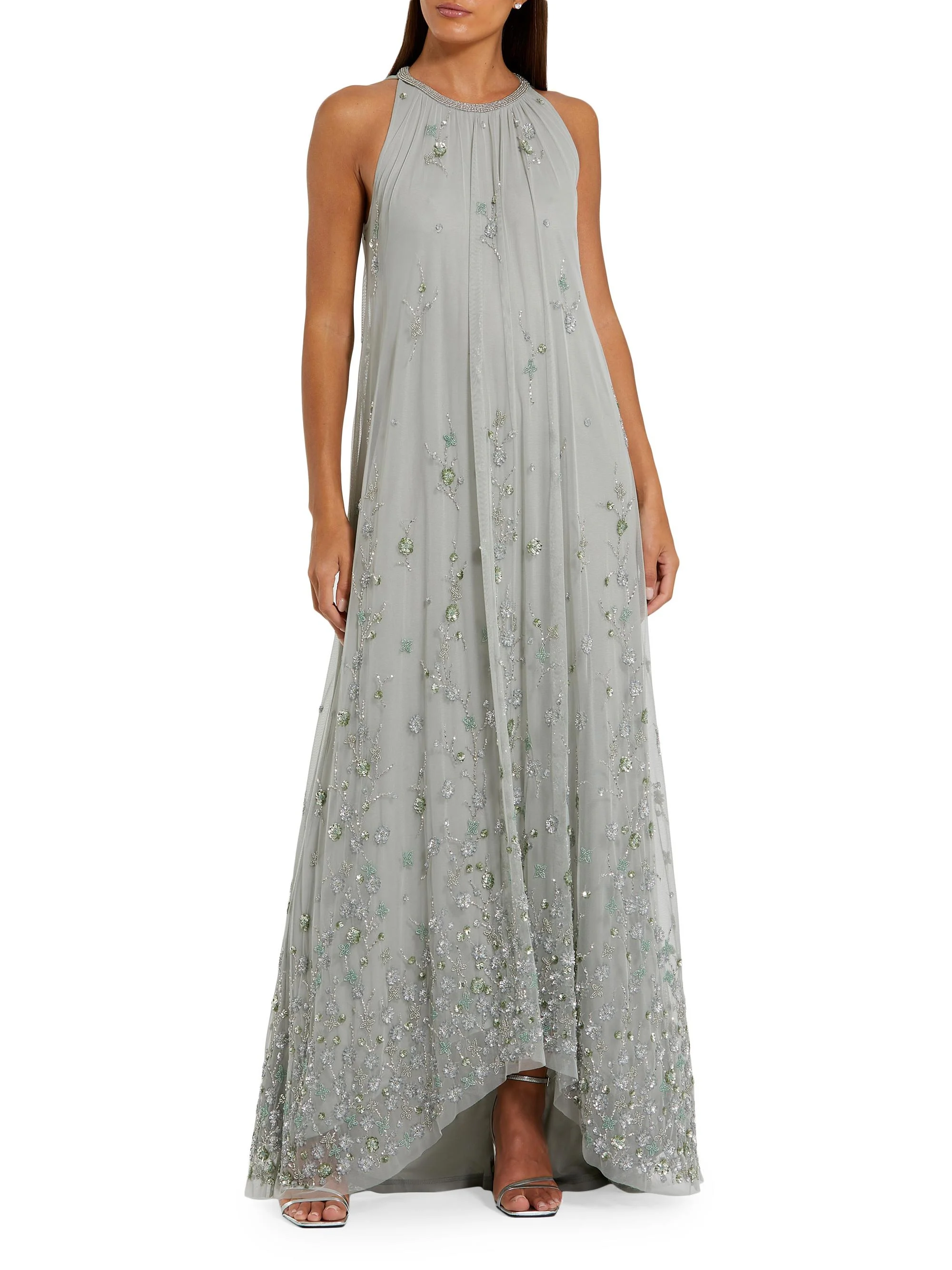 Women's Floral Embellished Mesh Trapeze Gown - Sage - 1