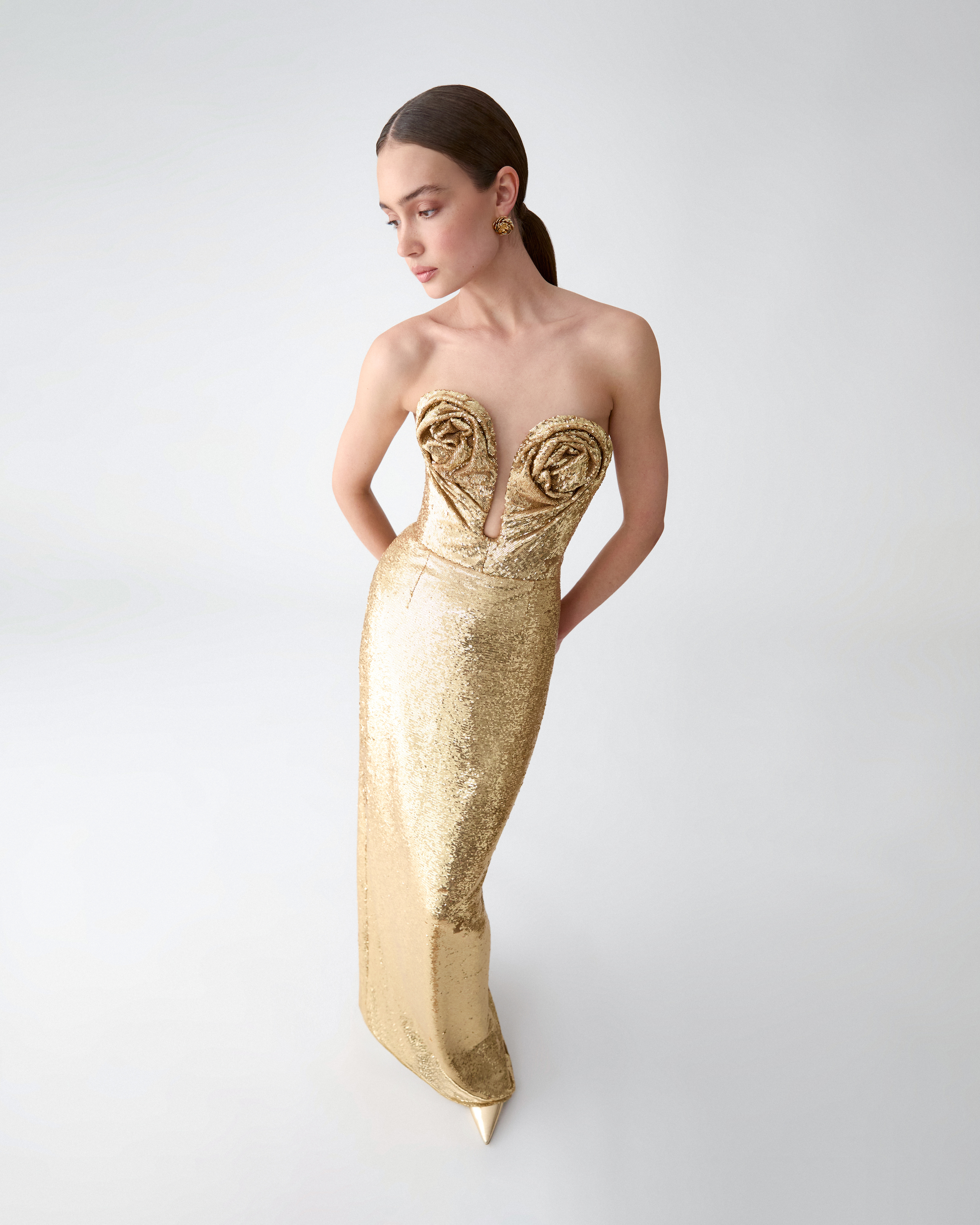 U-Neck Sequined Gown with Rosettes - 4