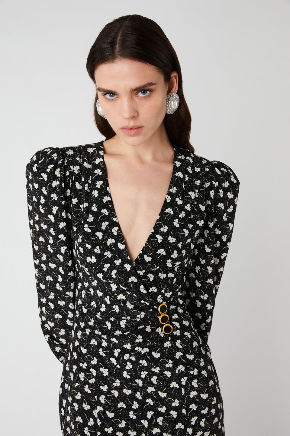 CLOVER PRINT SILK DRAPED DRESS WITH JWL BUTTONS - 6