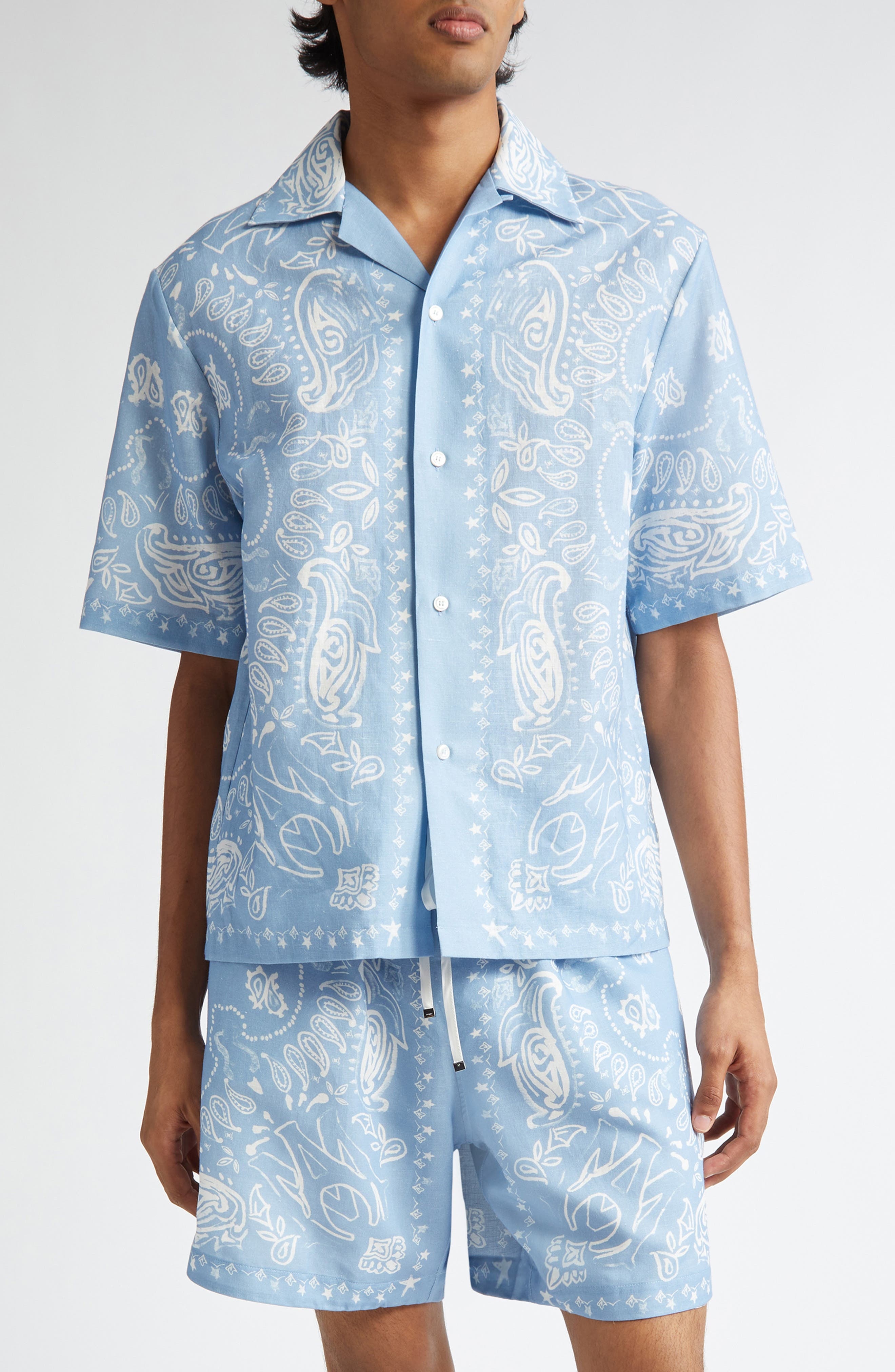 AMIRI Watercolor Bandana Linen & Cotton Camp Shirt in Cerulean at Nordstrom - 1
