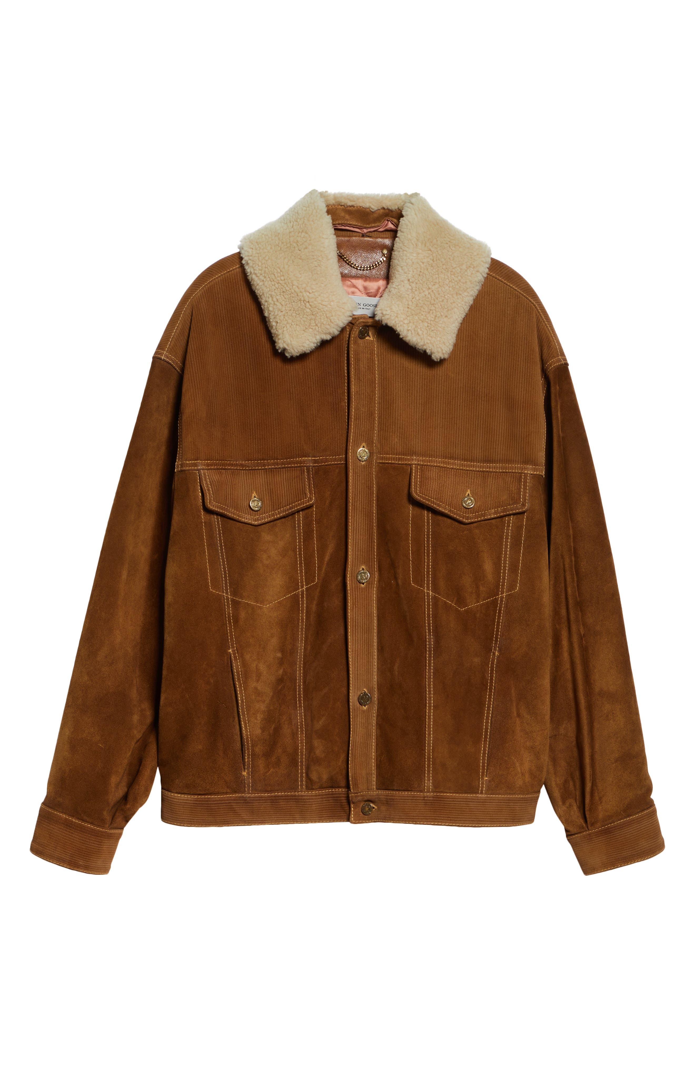 Golden Goose Journey Suede Trucker Jacket with Removable Faux Shearling Collar in Tobacco Brown at N - 8