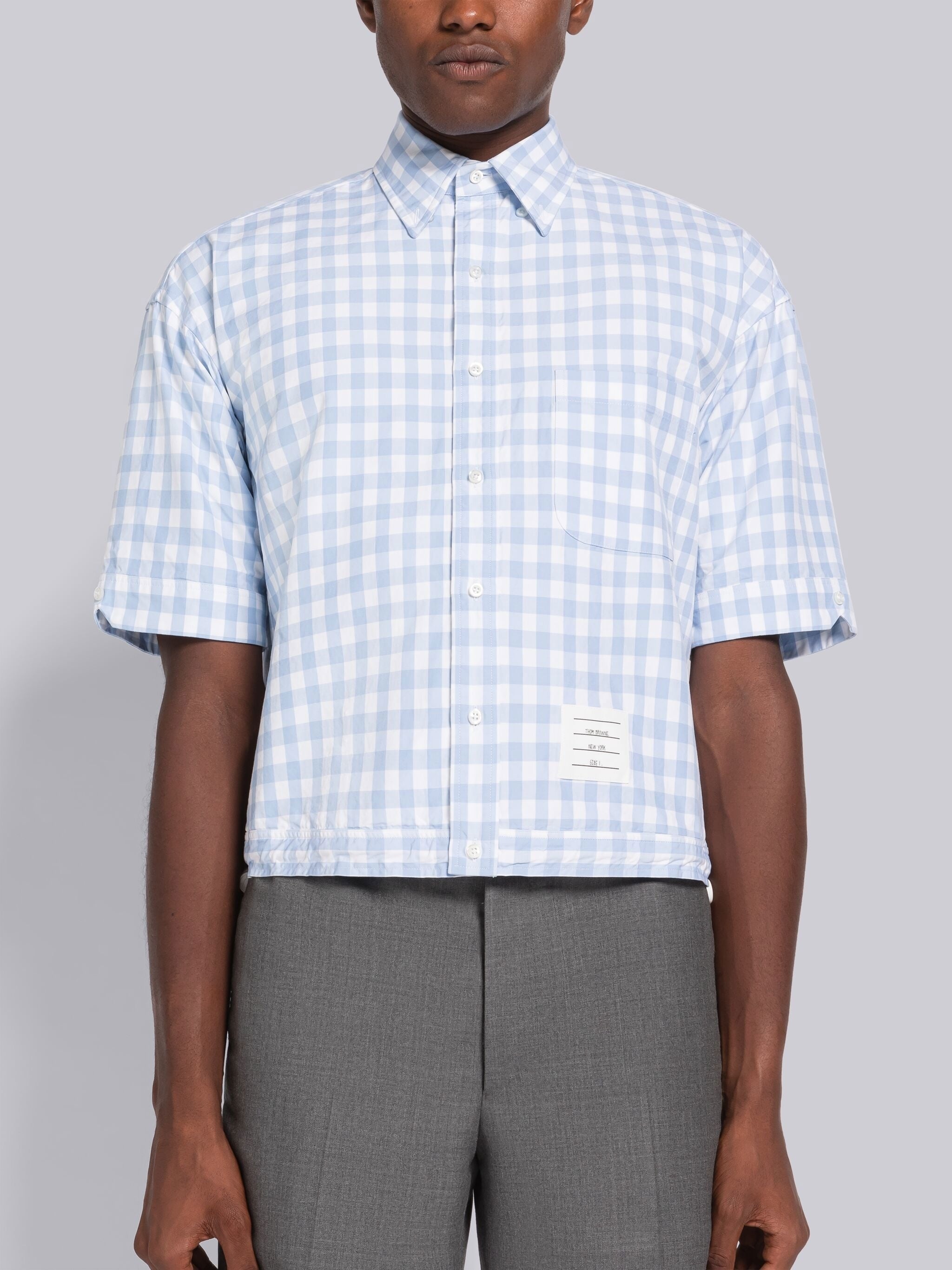Gingham Poplin Drawstring Hem Short Sleeve Shirt - 1