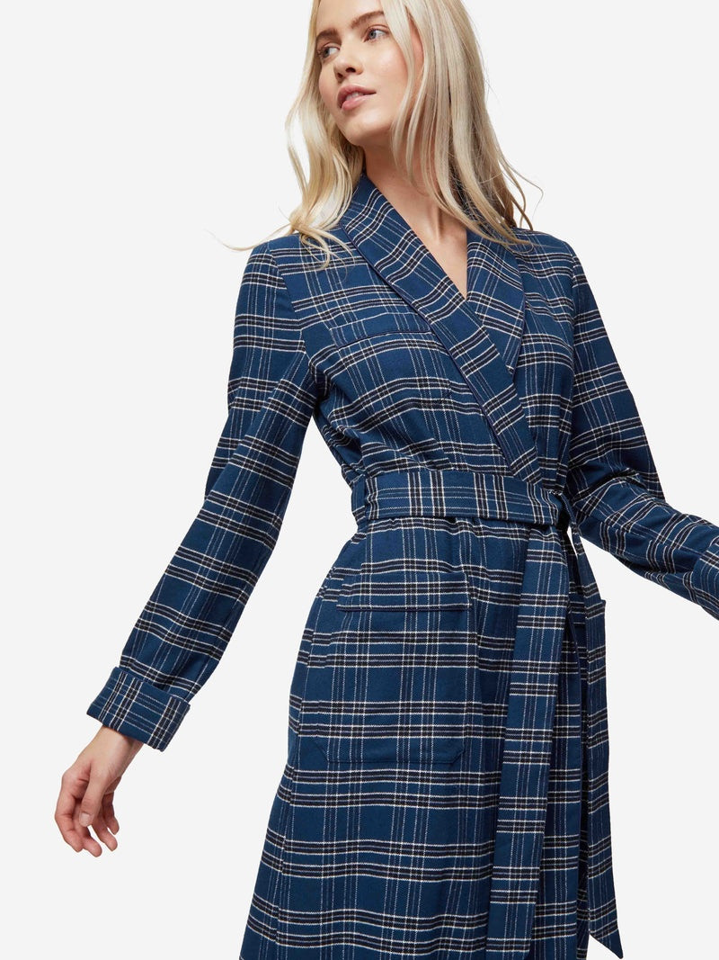 Derek Rose Women's Long Dressing Gown Kelburn 30 Brushed Cotton Navy outlook