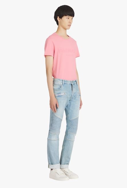 Slim cut faded and ridged light blue eco-designed denim cotton jeans with Balmain monogram on hem - 7
