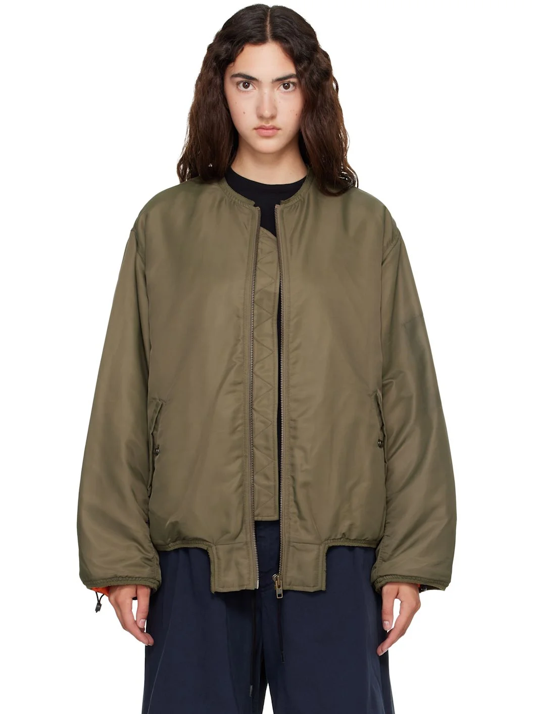 Khaki Contrast Lining Nylon Bomber Jacket - 1