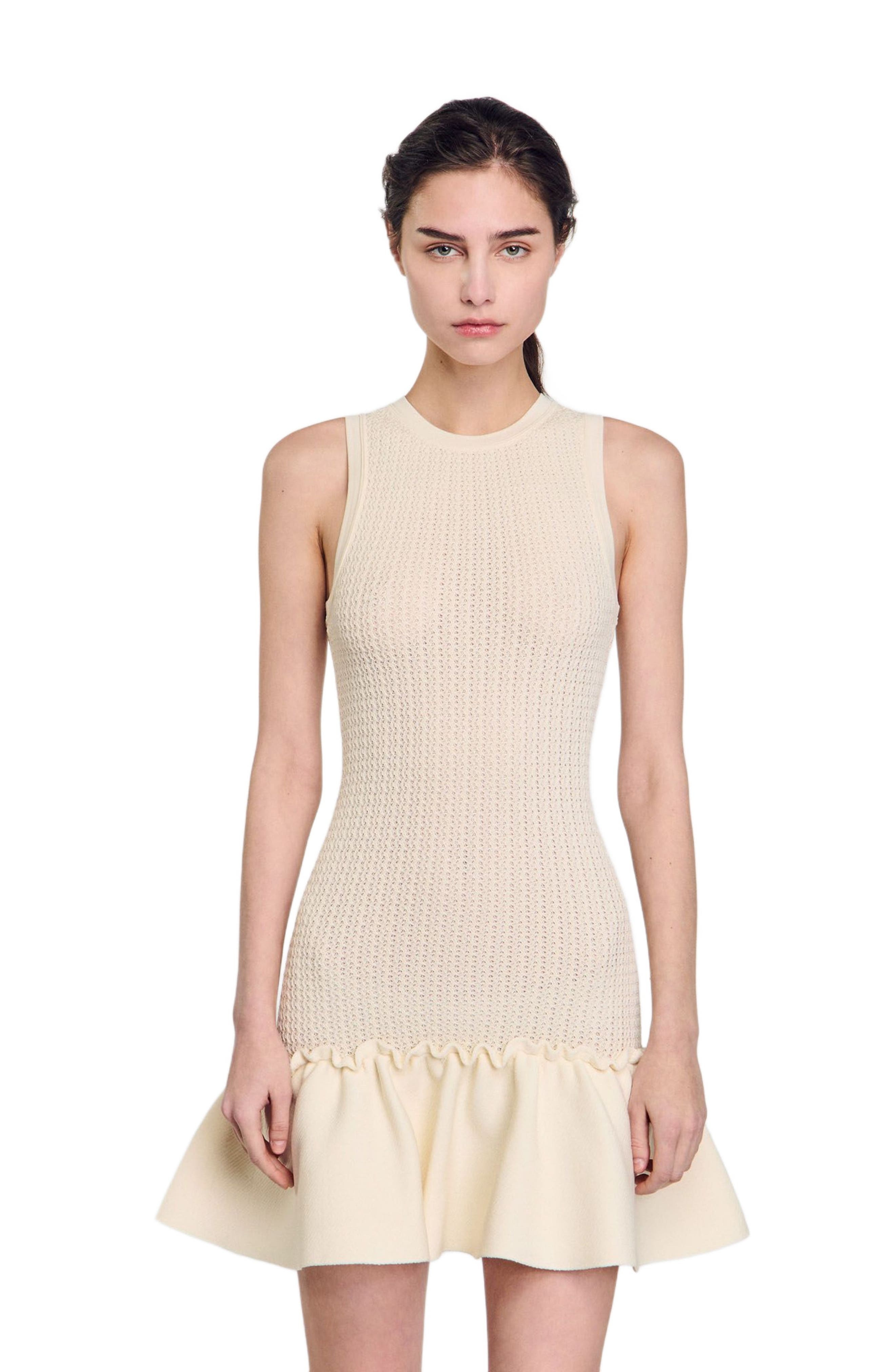 SANDRO Short knit dress with ruffle in Ecru at Nordstrom - 1