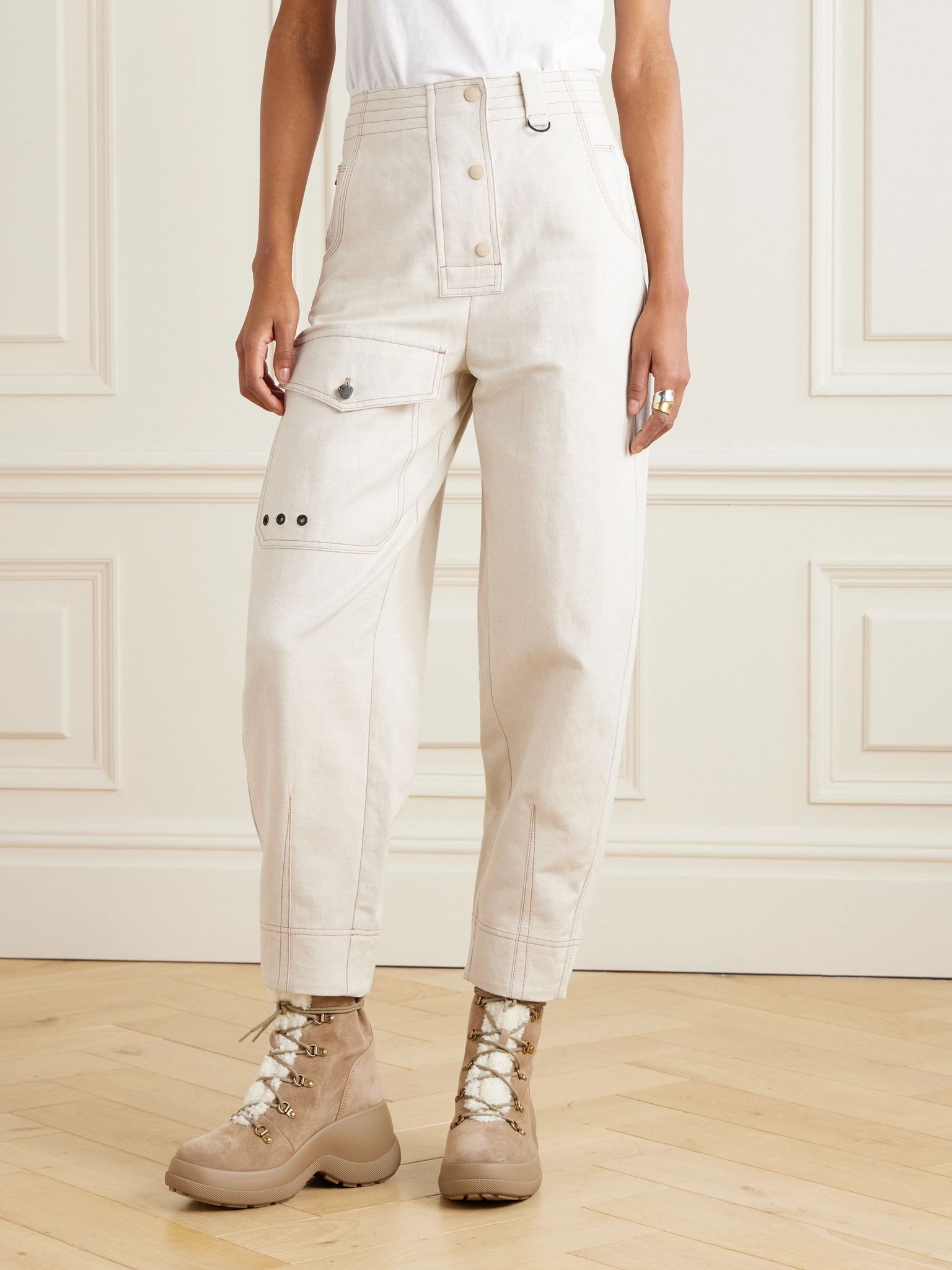Eyelet-embellished cotton and linen-blend canvas tapered cargo pants Beige - 3
