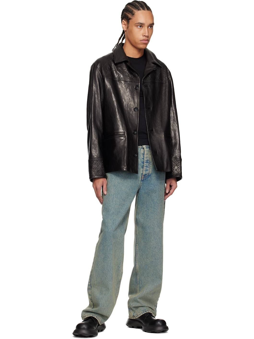 Black Monogram Embossed Boxy Leather Jacket - 4