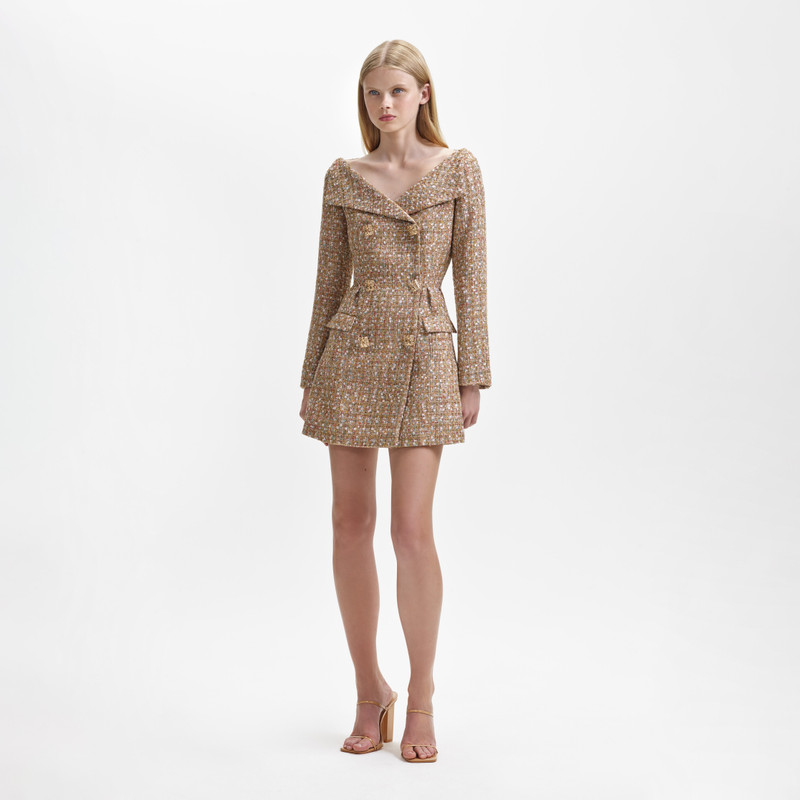 self-portrait Gold Tinsel Boucle Off Shoulder Mini Dress - AW23-921-GD |  REVERSIBLE