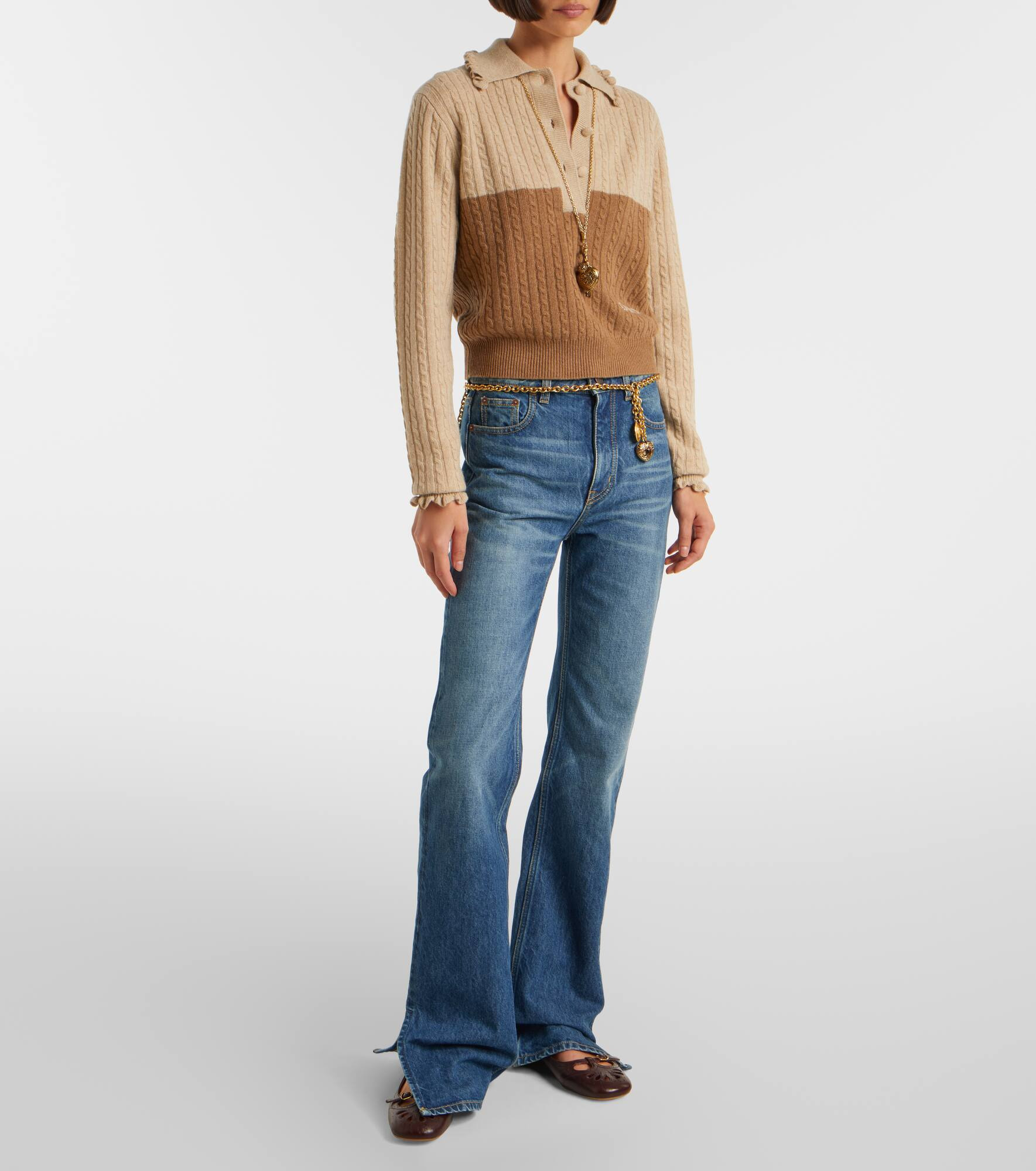 Cable-knit ruffled wool and cashmere polo sweater - 2