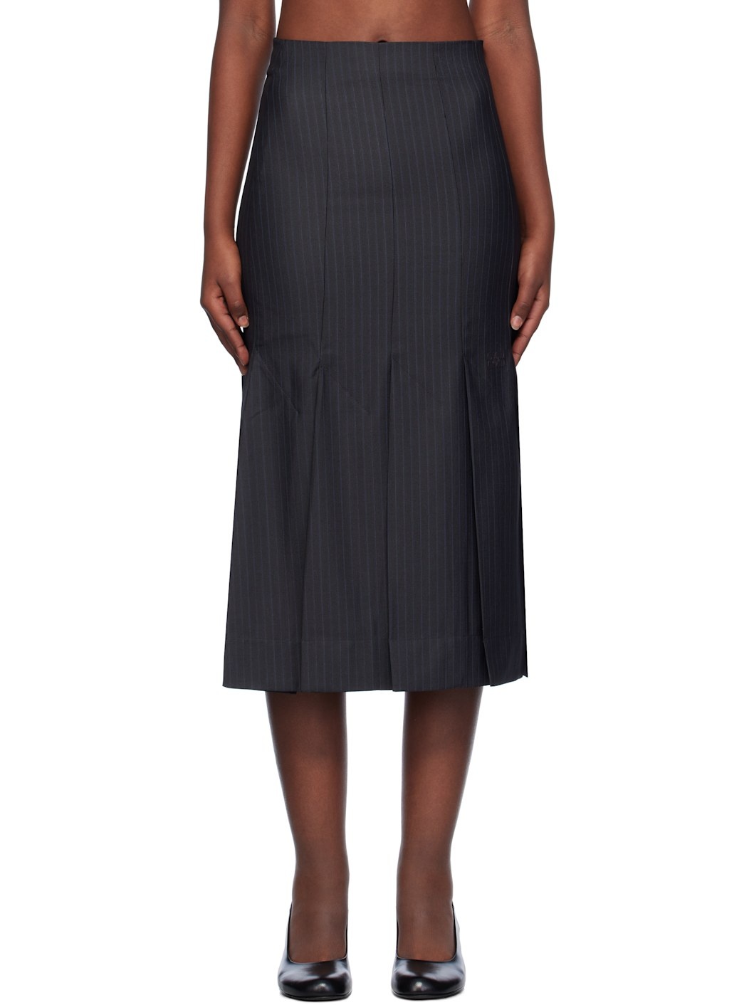 Gray Stripe Suiting Midi Skirt - 1