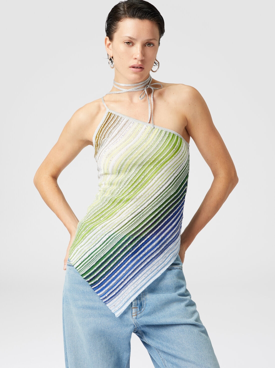 Asymmetrical one-shoulder partial striped top with sequins - 4