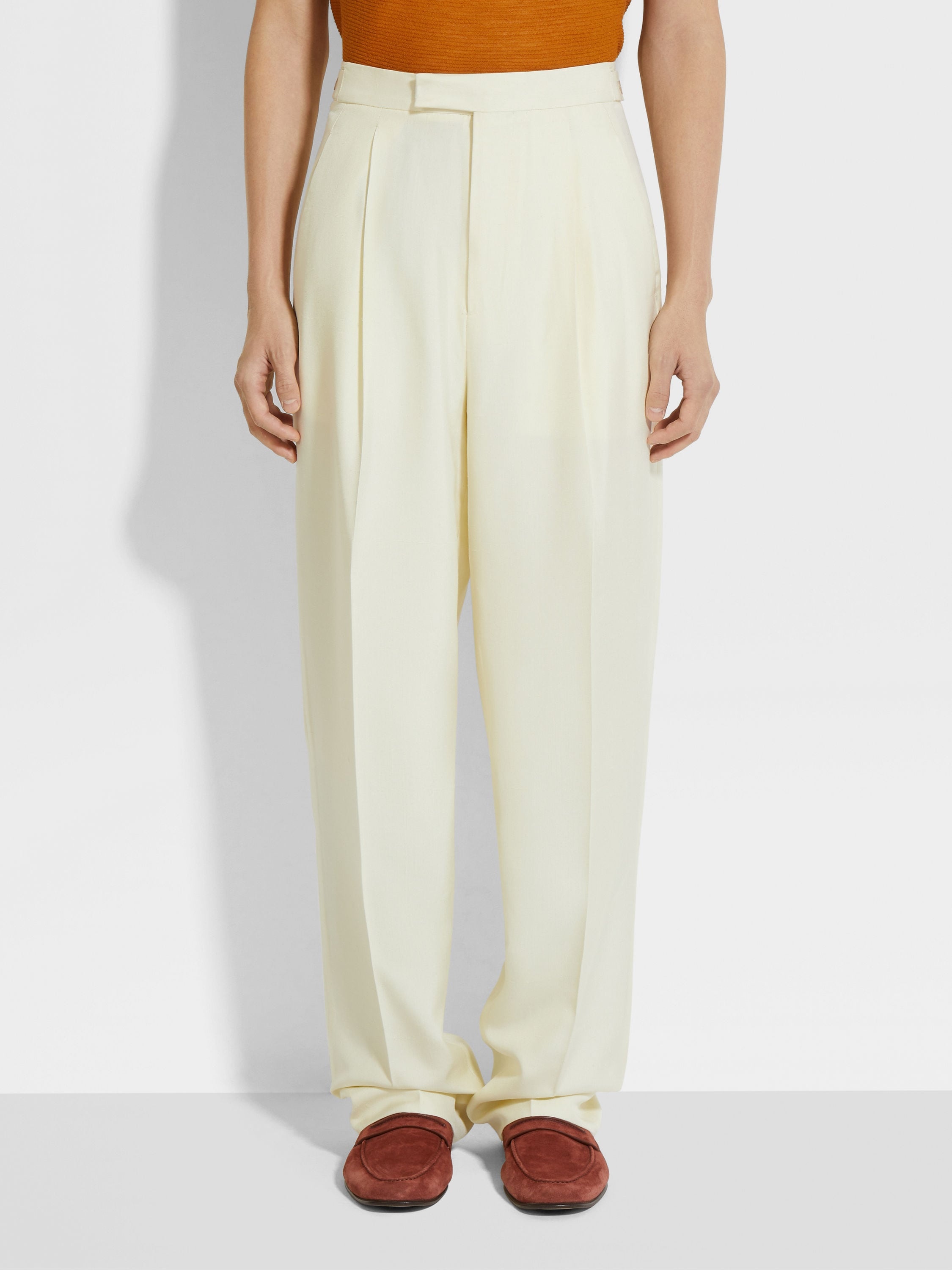 LIGHT YELLOW SILK AND WOOL PANTS - 5