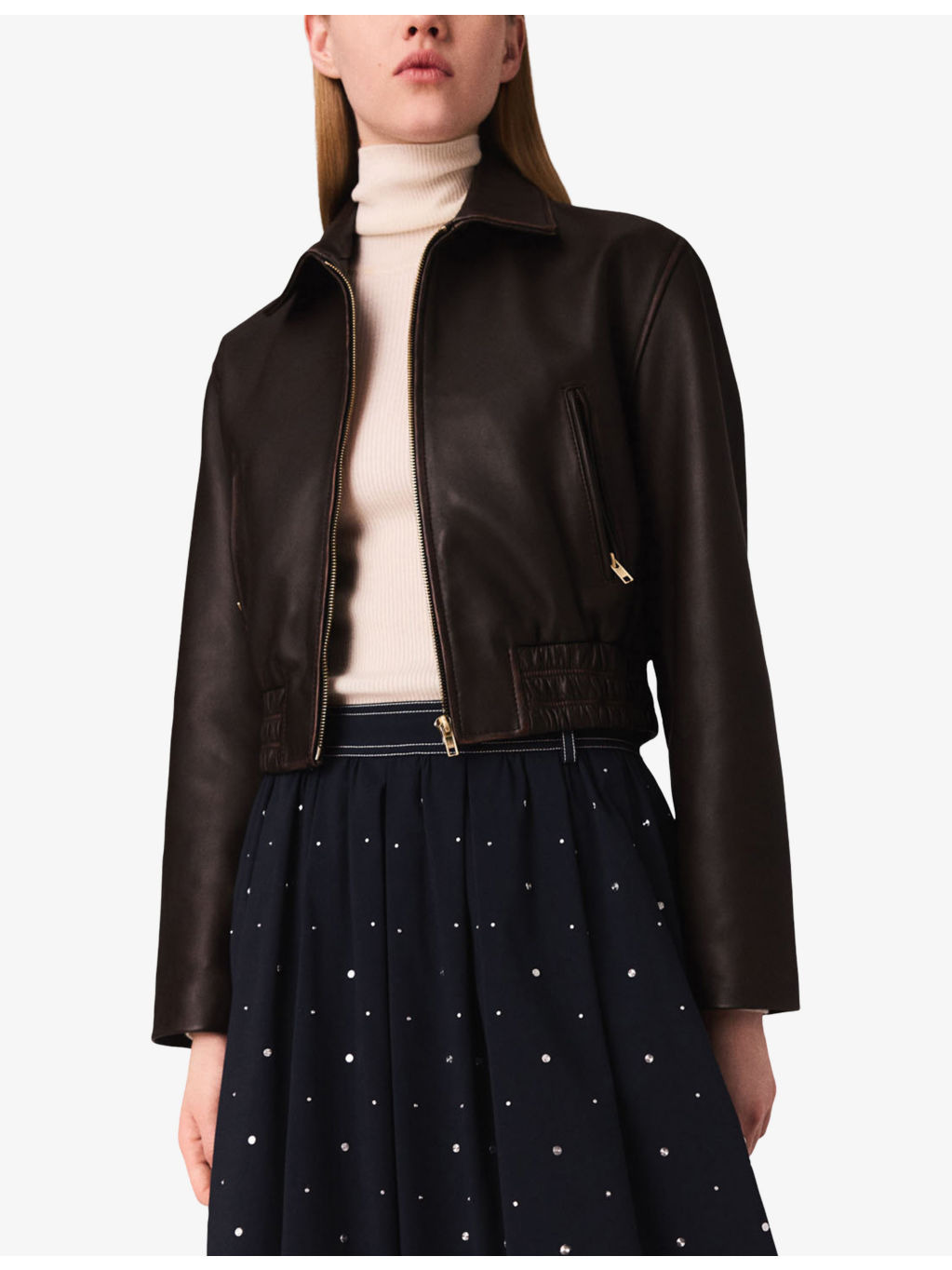 Cropped Smocked-Waist Leather Jacket - 3