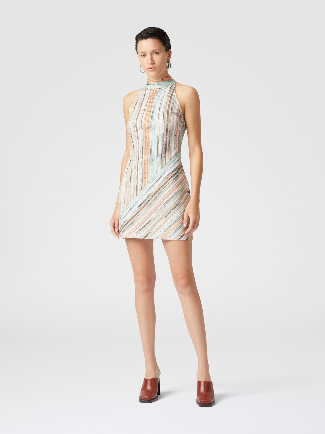 Sleeveless mini-dress in striped lamé slub viscose - 2