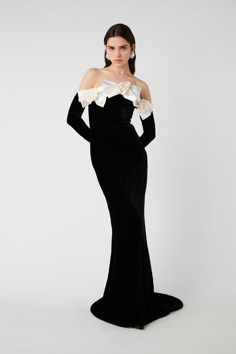 VELVET OFF THE SHOULDER GOWN WITH DUCHESSE BOWS 4