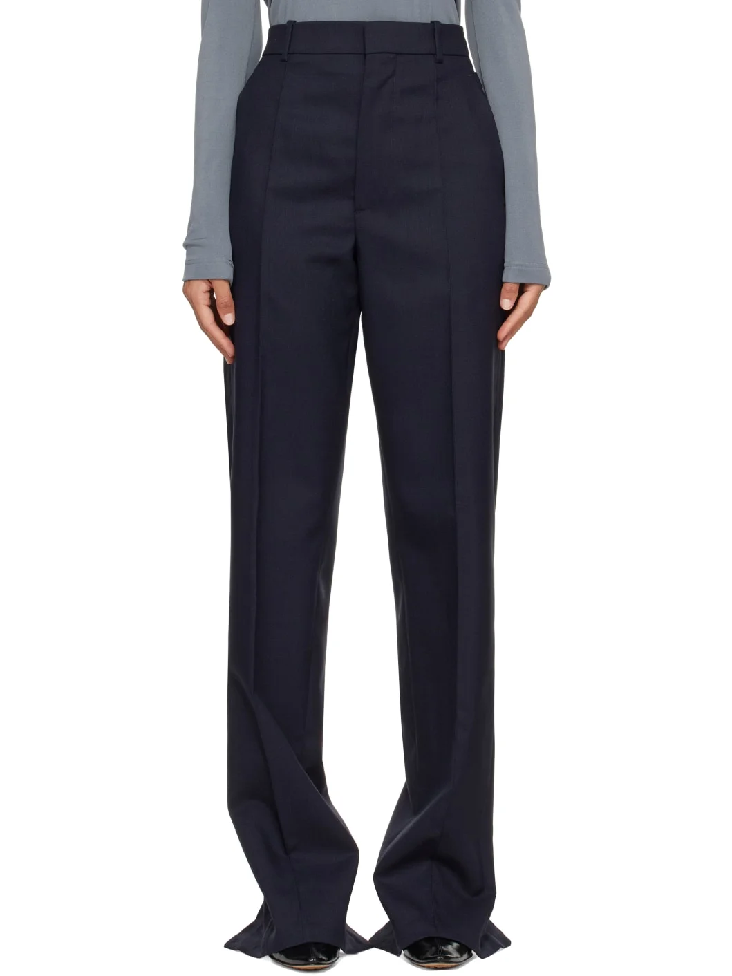 Navy Shetland Wool Toile Straight Trousers - 1