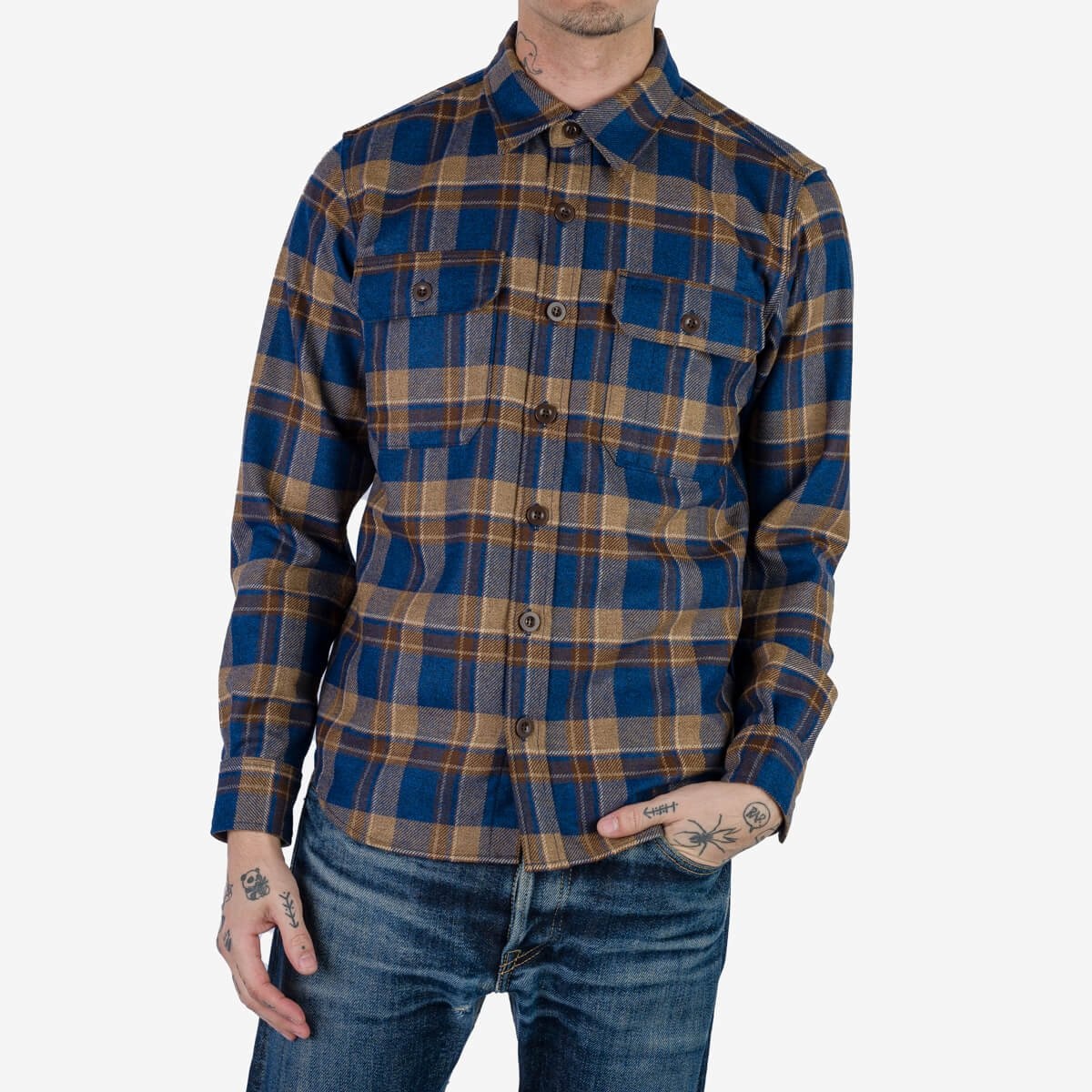 IHDR-434-DTC 14oz Fox Brothers® West Of England Devon Twill Check Flannel CPO Shirt - Blue - 3