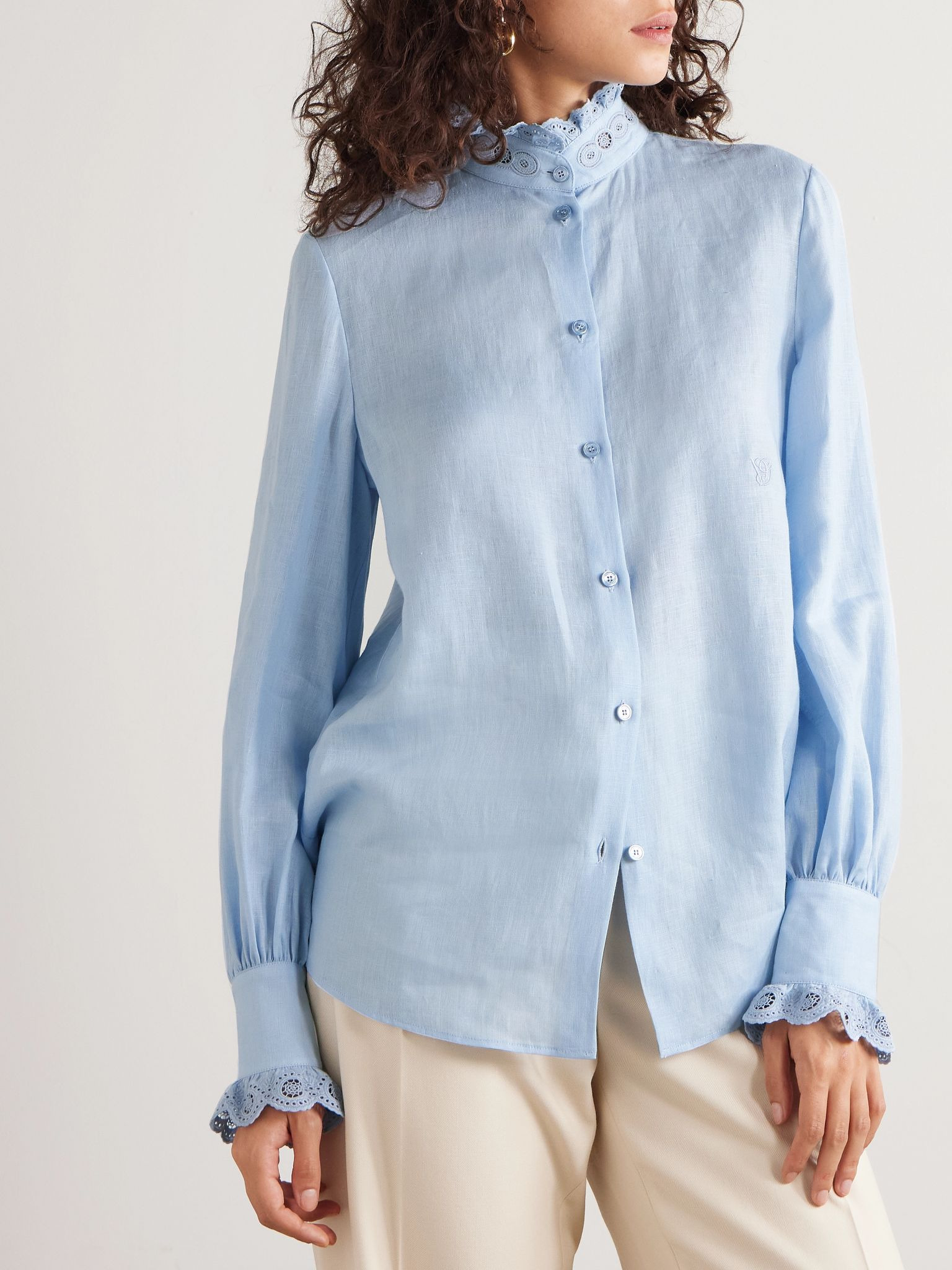 Embroidered linen shirt Light blue - 3