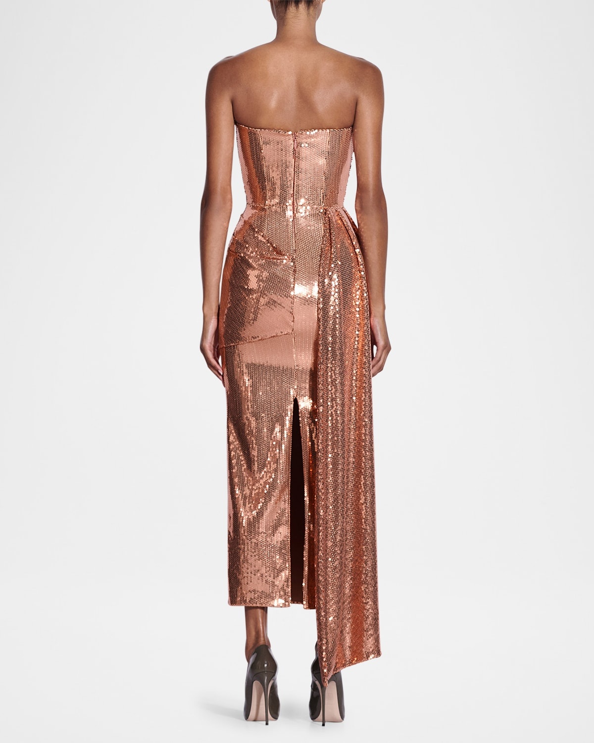 Strapless Draped Sequin Mesh Midi Dress - 3