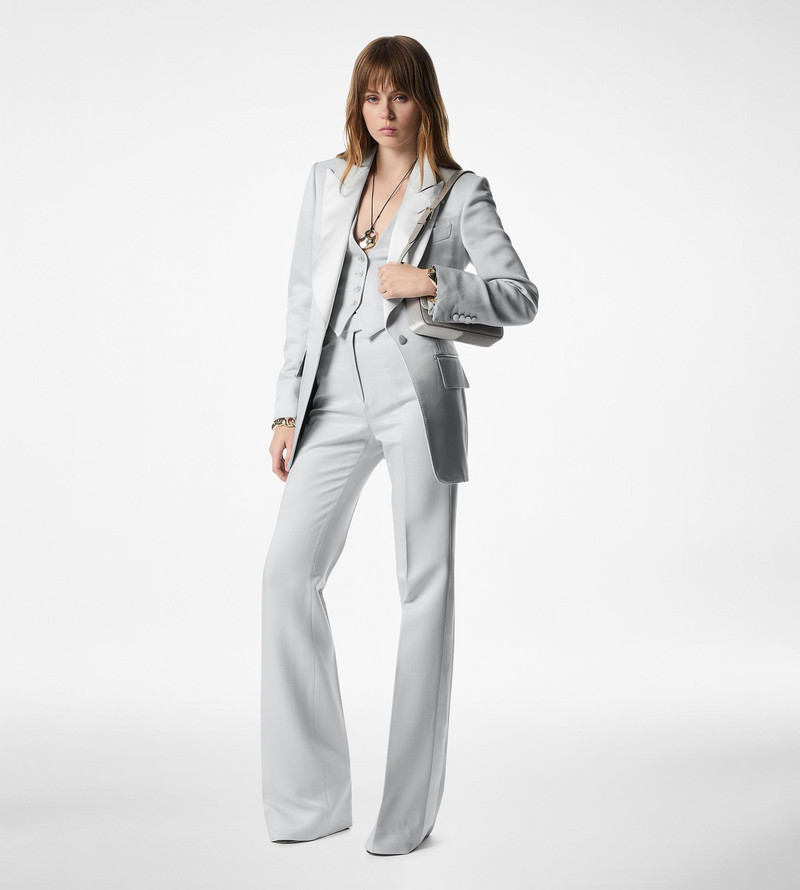 LUSTROUS BARATHEA SILK WOOL TAILORED TUXEDO WIDE LEG PANTS 3