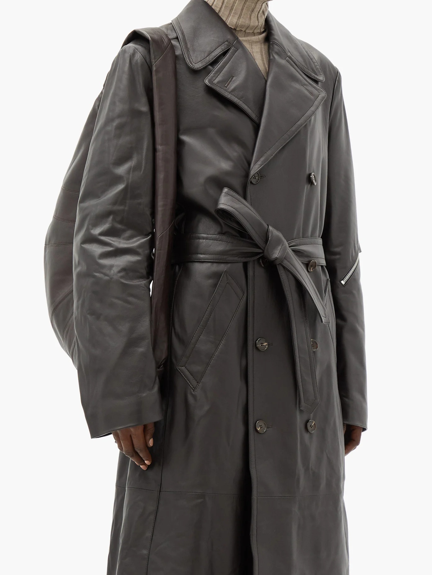 Double-breasted leather trench coat - 6