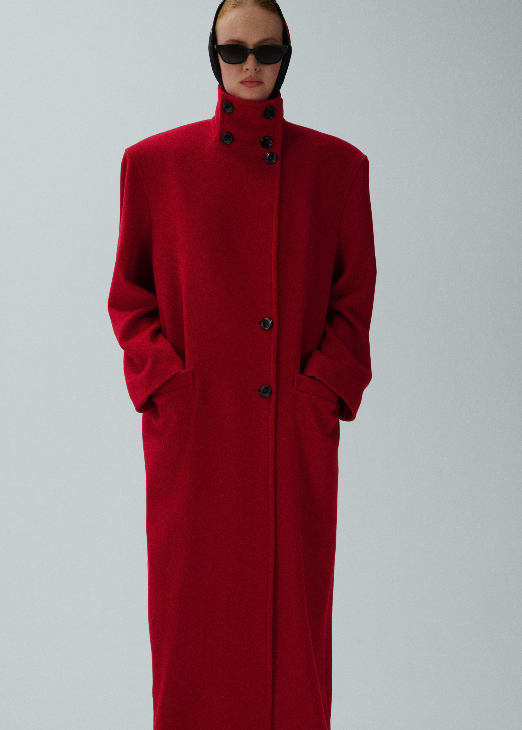 Oversized high collar wool coat in red - 5