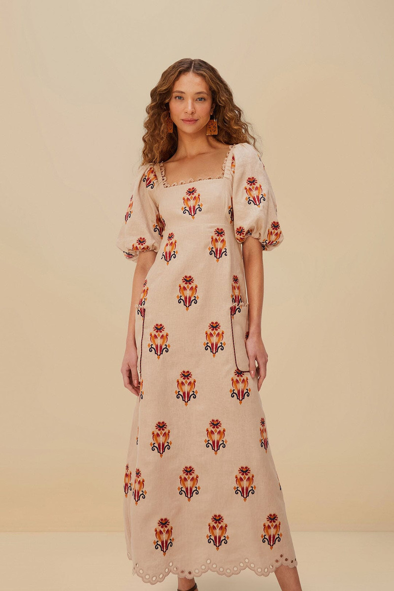 Rose Embroidered Macaw Euroflax™ Premium Linen Maxi Dress 3